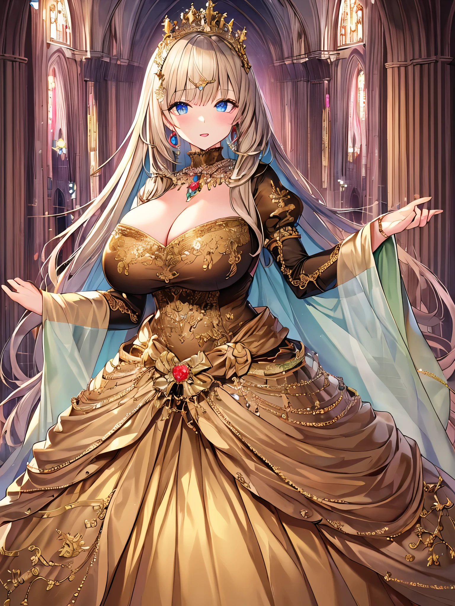 anime artstyle,Masterpiece,Best Quality,Super Detail,Very Delicate and Beautiful,Solo,((full body)),full body portrait,((1 bling-bling princess in a gorgeous embroidery rococo ballgown with jeweled)),(((very very gigantic tits,cleavage,curvy))),Skindentation,((Cathedral,church)),((crinoline,long train)),super detailed gorgeous ballgown with voluminous full length hoop skirt,gorgeous princess rococo ballgown with long train,((gorgeous princess rococo ballgown with beautiful embroidery and jeweled)),(detailed face and eyes),jewel-like eyes,((extremely voluminous straight Hair,Extremely Long Straight Hair)),extremely gorgeous hair ornament,((extremely gorgeous bling-bling big tiara)),bling-bling luxurious jewelry,Beautifully detailed lots of lace and ruffles,(Dynamic Angle),(((super detailed gorgeous princess rococo ballgown with voluminous full length hoop skirt))),full body