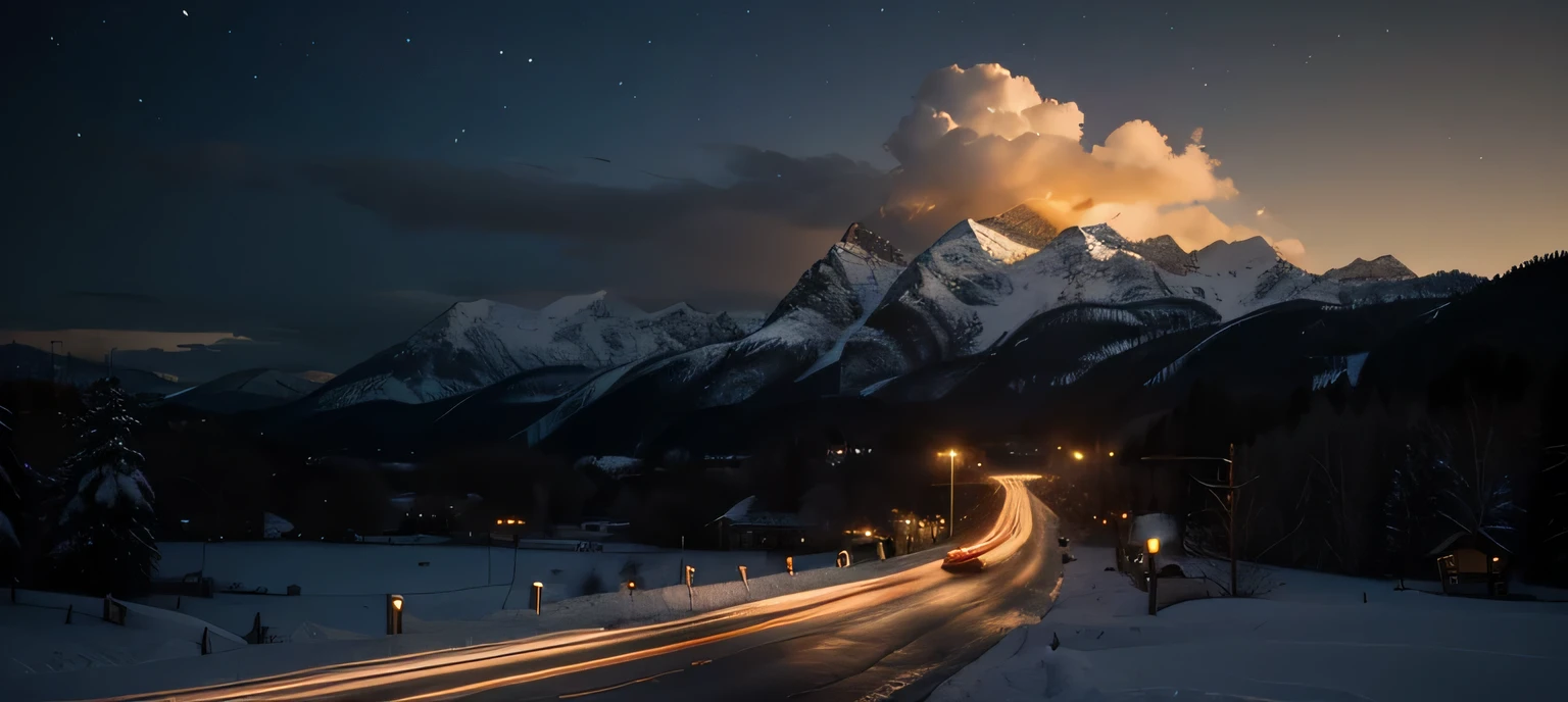 (extremely detailed 8k wallpaper), sky, night, snow, city mixed with nature, mountains, award-winning photography, dramatic lighting, (dark and golden colors), golden lights.