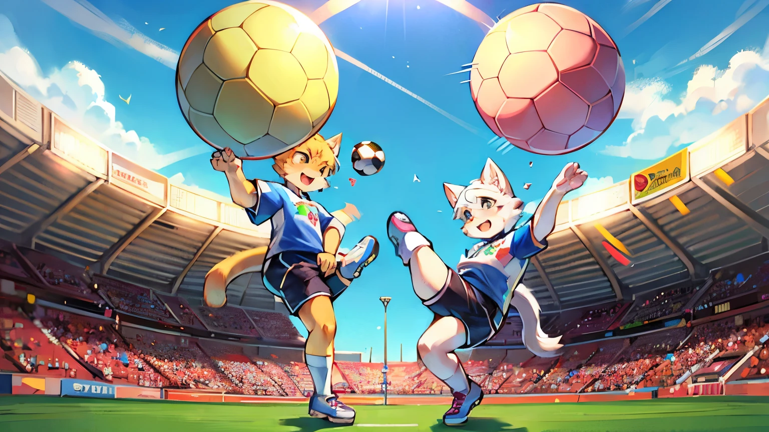 "Generate an image of a playful white cat dressed in a vibrant sports uniform, complete with a matching jersey, shorts, and soccer shoes, joyfully kicking a soccer ball on a green field under a sunny sky. Capture the dynamic motion and enthusiasm of the cat as it engages in the game of soccer."