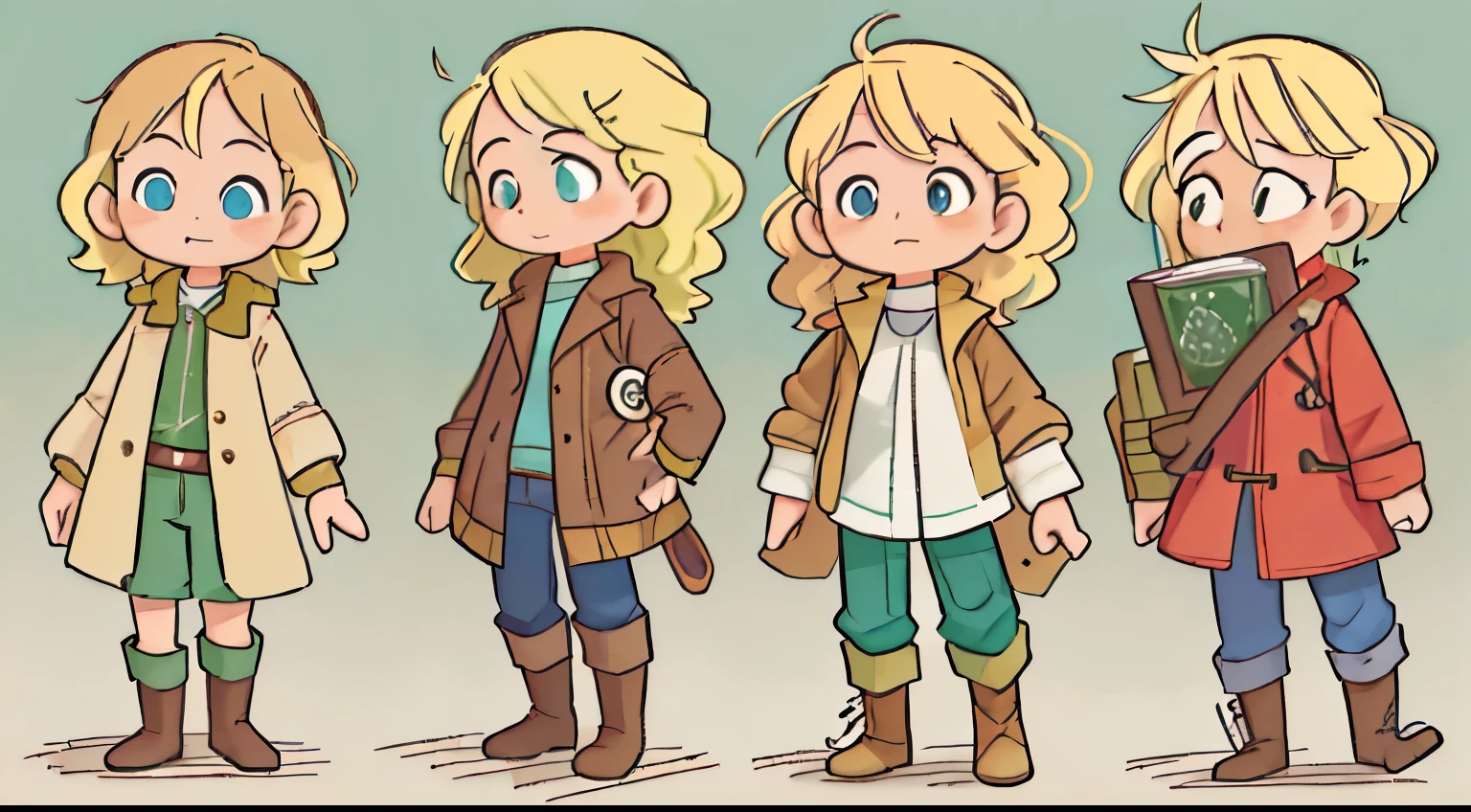 Lovely, illustration, cartoon, comics, whole body, different angle, children&#39;s book characters, 以children&#39;s book characters的风格, character table, ((simple white background)), (10 year old girl with curly blonde hair, bright blue eyes, short) She wears a tattered explorer outfit and a brown leather jacket, beige blouse, Forest green knee-length trousers, and sturdy brown leather boots.