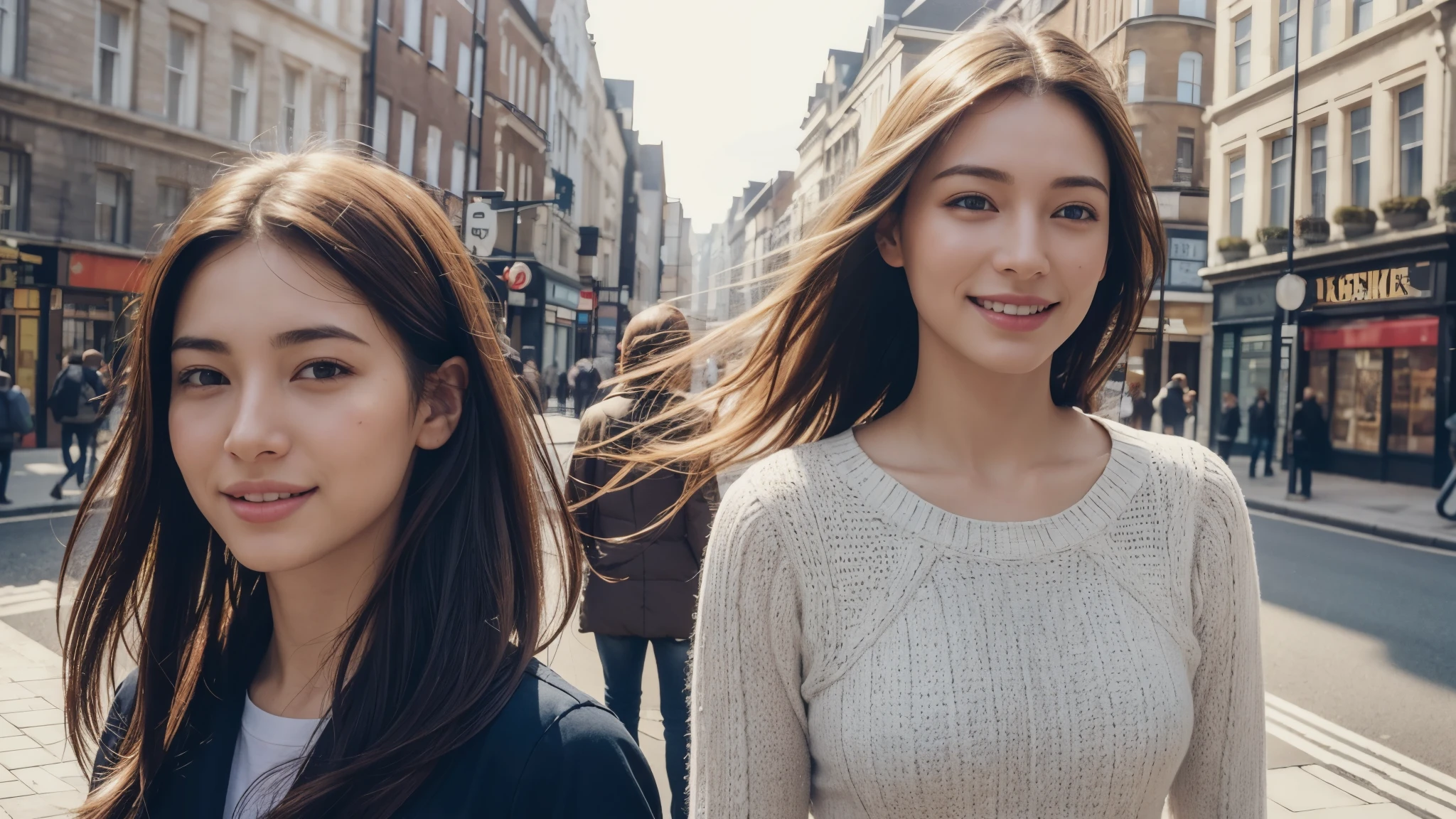 dressed, (photo realistic:1.4), (hyper realistic:1.4), (realistic:1.3), (smoother lighting:1.05), (increase cinematic lighting quality:0.9), 32K, 1girl,20yo girl, realistic lighting, backlighting, light on the face, ray trace, (brightening light:1.2), (Increase quality:1.4), (best quality real texture skin:1.4), finely detailed eyes, finely detailed happy face, finely quality eyes, (tired and sleepy and satisfied:0.0), face closeup, Take a walk on the street of London, (Increase body line mood:1.1), (Increase skin texture beauty:1.1)