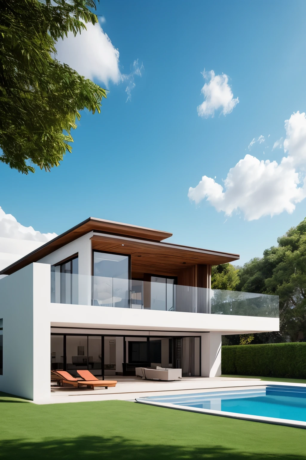 modern villa exterior, lawn, swimming pool, daylight, blue sky, clouds, surreal,
masterpiece, best quality, super detailed, ultra high resolution, 8k quality photos,