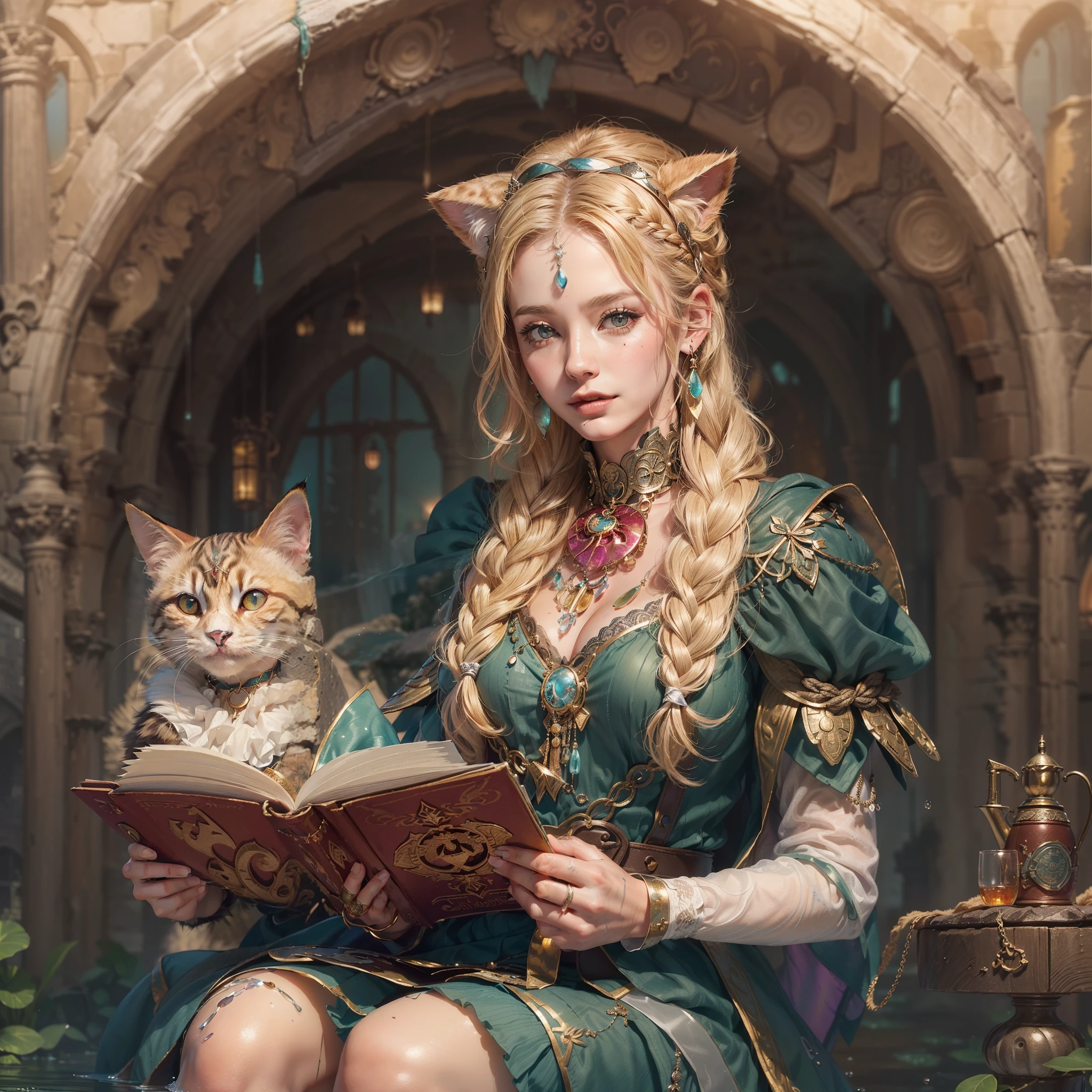 ((cat ears on her head)), award-winning masterpiece, incredibly detailed, textured and maximally detailed, woman in long dress , portrait of a female magician, female occultist, female cleric, portrait of a female necromancer, portrait of a female magician, female magician, night scene, womanNecromancer, female magician, medieval woman, female magician, kind eyes, (she has a mischievous smile on her face), friendly and girlish face, glass earrings in her ears, she is holding an old magic book with leather cover in her hand, (full length portrait), (full length standing image), (her neck(full-length portrait), (full-length standing image), (a simple necklace of elaborate workmanship hangs around her neck)., She is holding an old magic book with a leather cover in her right hand, She is holding a small hanging lantern in her left hand, ((blonde hair parted in two and braided)), (a dress of subdued and modest fabric with elegant embellishments), (red-brown braided sandals), (a cloth dress), ((she is wearing a(worn-out cloak over her shoulders)), ((looking up)), ((looking down)), (alchemist's room), (alchemist's workshop), (alchemist's laboratory), (ruins of an old castle), (ruins of an ancient castle), (deserted ruin), (crumbling ruin), (ruins with clear puddles), (clear pond(ruins with clear and calm water), (ruins with clear and calm water), (old ruins with clear water), (twilight), (sunset), (dusk), (wavelets), (ripples on water surface), (flowing water)