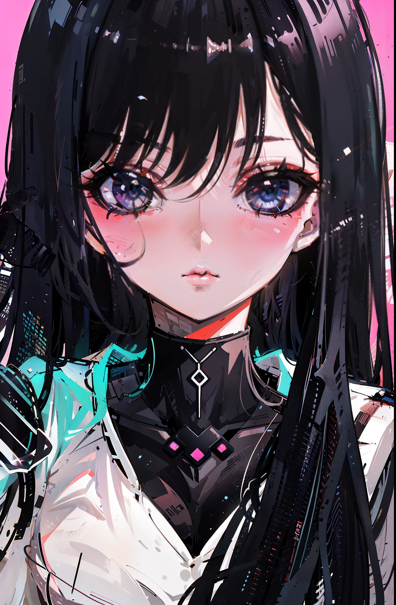 1girl, extreme + absolutely beautiful + meticulous_face, extreme + absolutely beautiful + meticulous_eyes, upper body, close-up, cyberpunk background, sketch, solid color,