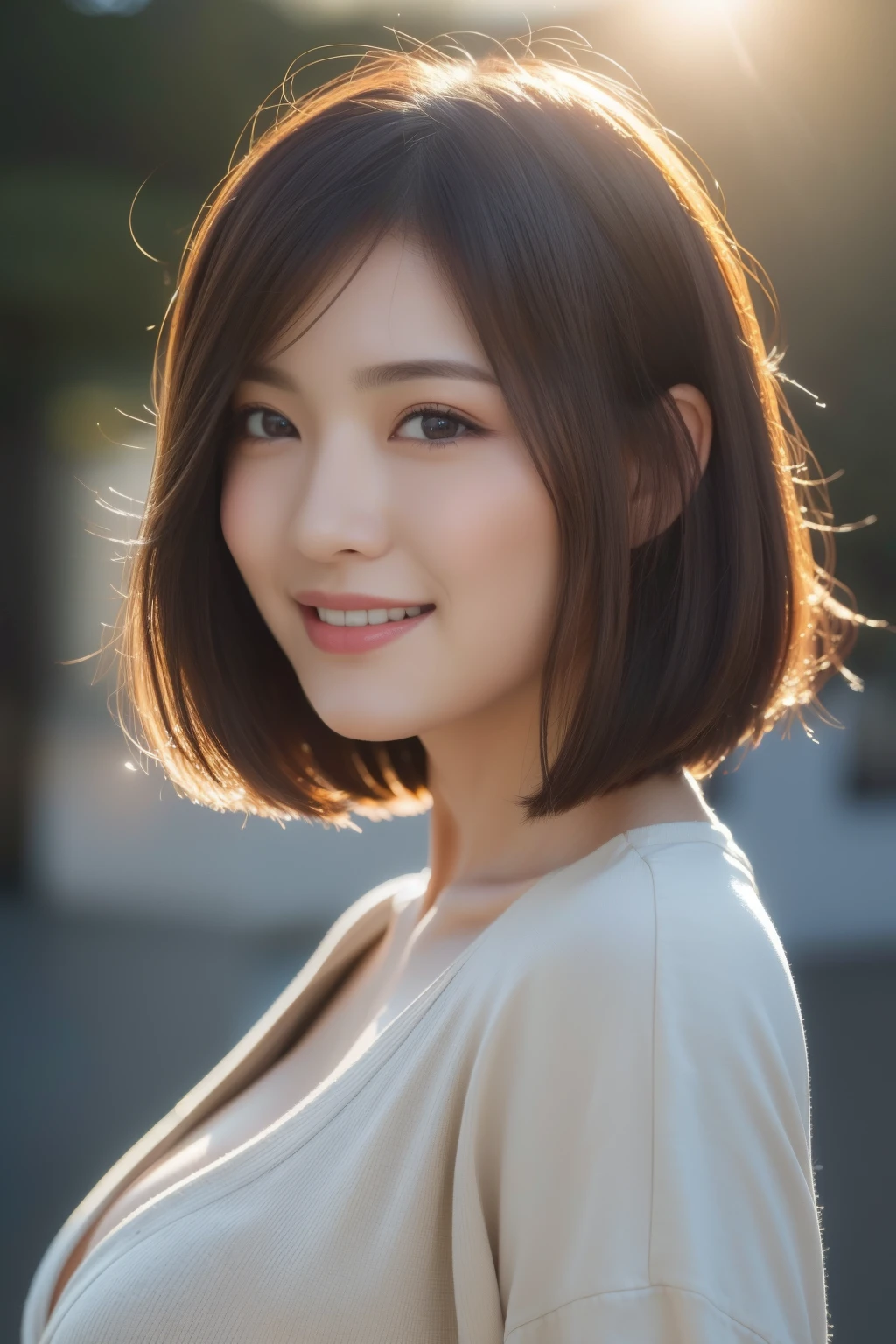(artistically、big breasts、Rhapsody)、20-year-old、Wearing a loose-fitting black T-shirt、Wearing black tight denim、unclean、Lens flare、(8k、Professional、highest quality、masterpiece:1.2)、(realistic、Photoreal:1.37)、super detailed、(25mm portrait front view)、(best detailed skin:1.2)、(best detail face:1.2)、movie lighting、1 female、Japanese、short hair、(the wind is strong)、Walking on a street corner、warm white light、shy smile、Photographed from the front、((highest quality、8k、masterpiece:1.3))、beautiful woman with perfect figure:1.4、((dark brown hair、big breasts:1.2))、Highly detailed face and skin texture、detailed eye、double eyelid、