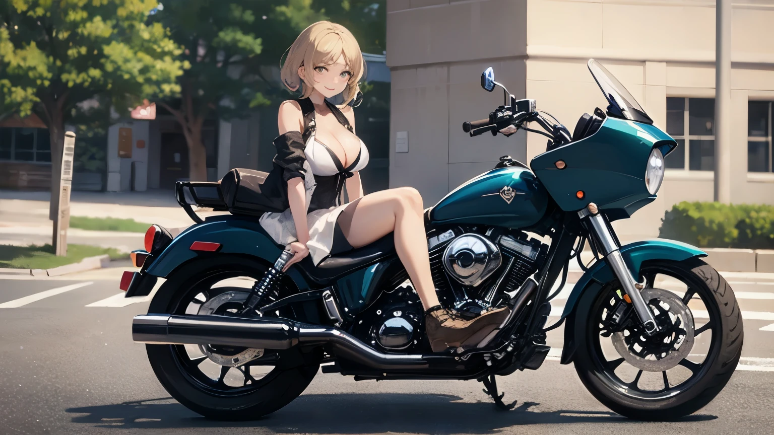 masterpiece、cute girl riding a Harley-Davidson 2023 Road Glide™ 3、route 66 touring、cute、smile、cleavage