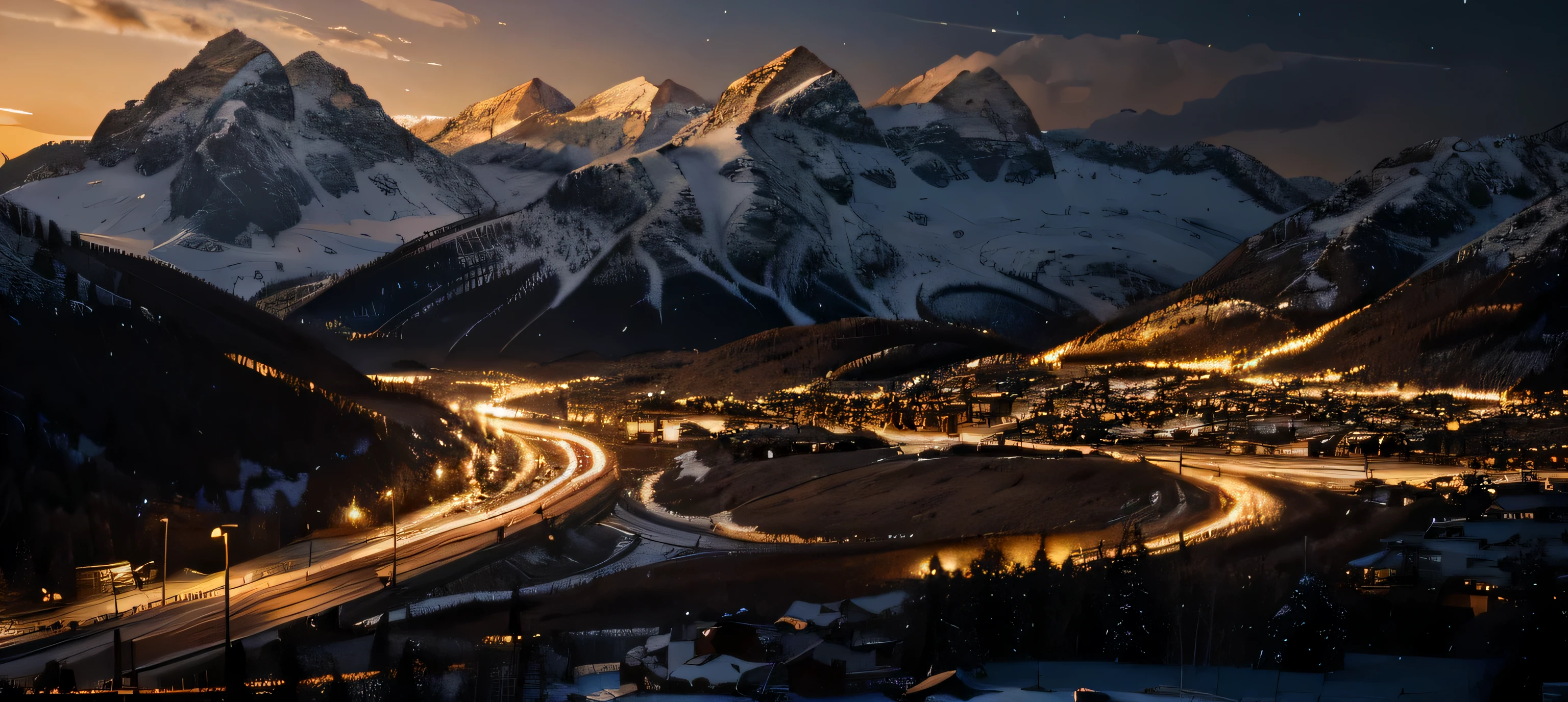 (extremely detailed 8k wallpaper), sky, night, snow, city mixed with nature, mountains, award-winning photography, dramatic lighting, (dark and golden colors), golden lights.