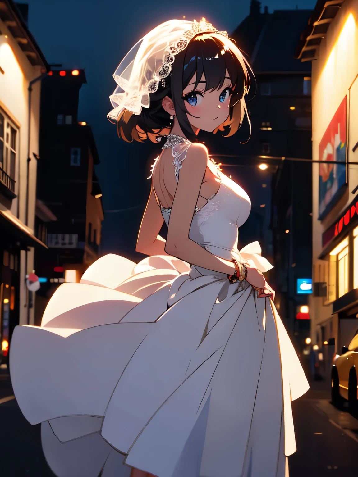 (highest quality, High resolution, masterpiece:1.2,), figure, night, 1 girl, whole body, (Wedding dress), turn your arms behind your back, Waiting for a kiss, looking at the viewer, Happy, blush,beautiful anime