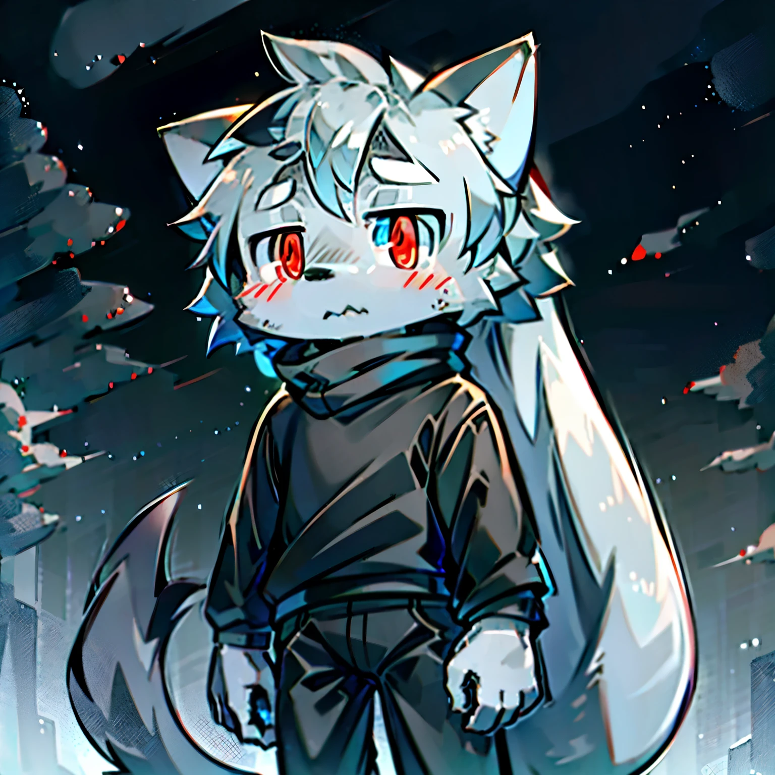Glowing sky , Glowing eyes , Gray cat little boy,There is a big furry tail behind him,Outdoors at night,looking at the stars,Black sweatshirt,right blue colored eyes , left red colored eyes,Gray-black pants,Snowy plains,A serious look , 8k res , hdr, right hand using samurai