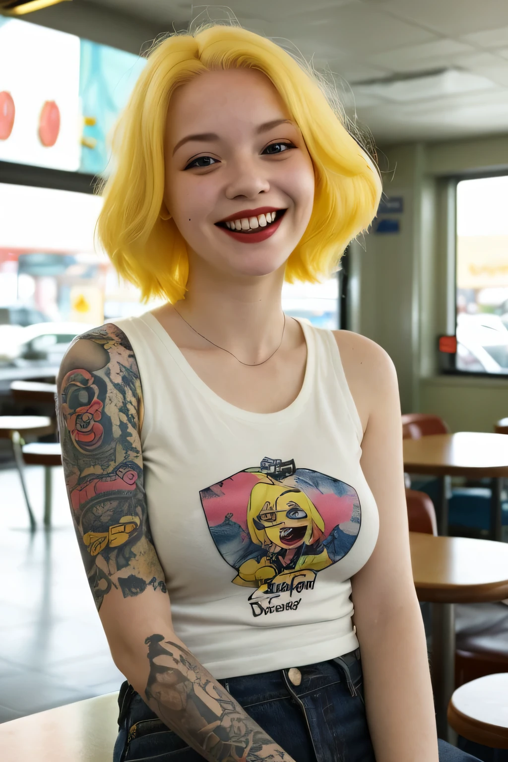 street photography photo of a young woman with yellow hair, smile, happy, cute t-shirt, cleavage1:5, tattoos on her arms, sitting in a 50s diner, dark, spotlight, silhouette 