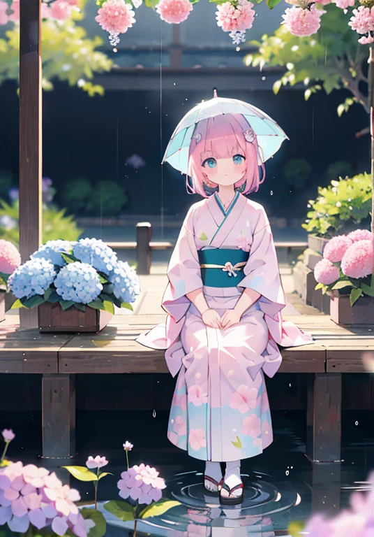 (alone), cute (1 girl) ,sitting,Day本庭園,Pink fine hair,(dull bangs),turquoise eyes,hydrangea,(blurred foreground),kimono,scenery,looking at the viewer,Rainy,Day