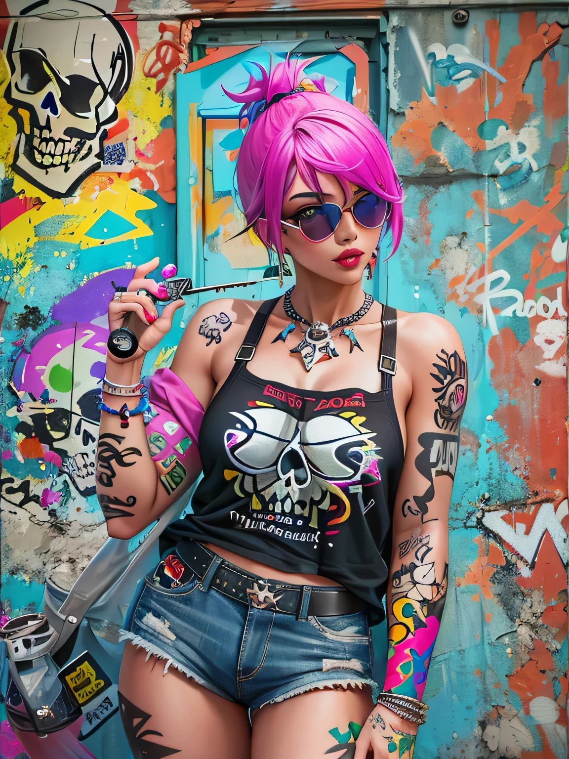 8K resolution、((highest quality))、((masterpiece))、((Super detailed))、1 female、alone、((The strongest beautiful girl of all time))、topless、pink nipples、(((Stylish sunglasses))), pirate hat, lips in love、skull fashion、neon、short cut hair、 (((skull graffiti art))), rainbow colored hair,