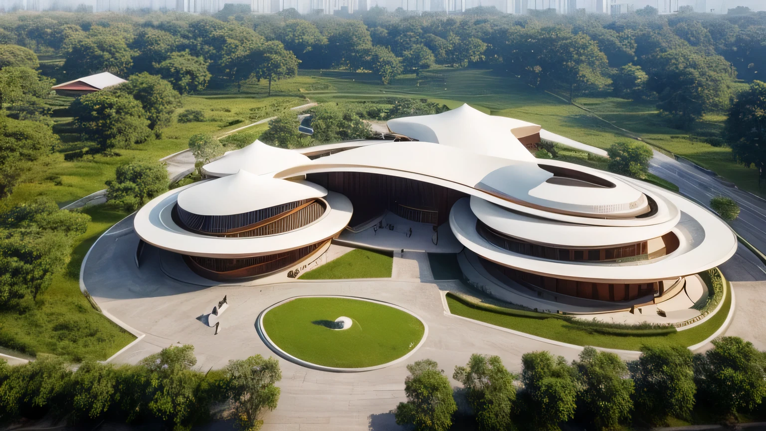 museum design, traditional Vietnamese architecture, creative, architecture exterior, curves architecture, cool design, creative design, modern, super large building, bird eye view, wood facade, make the architecture similar to the Vietnamese Muong ethnic