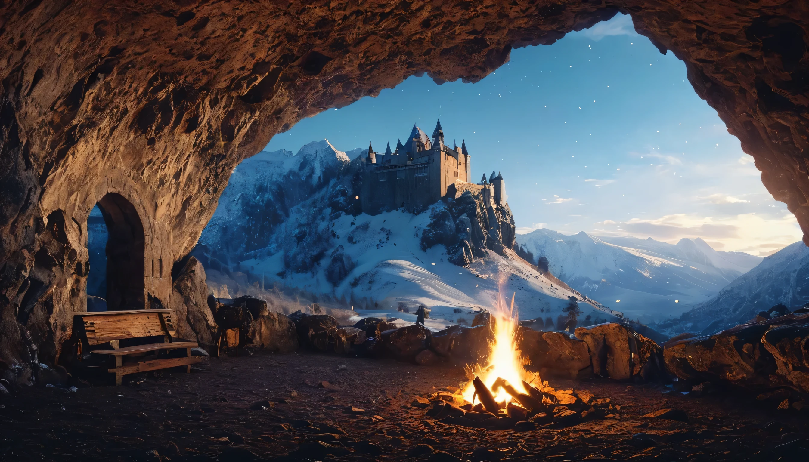 Vast Landscape Photo atumn castle (view from inside of cave whit campfire camfire medieval equipmen in cave bottom look on big castle , which shows the sky overhead and the rock cave around me), Fortress at the top, (Shooting stars: 0,9), (nebula: 1,3), High Lonely Mountain warm lights in castle,(Cold light source:1.2), Lonely Mountain, Snow-capped mountains, voluminous lighting, реализм BREAK (tmasterpiece:1.2), (beste-Qualit), 4k, Ultra-detailed, (Dynamic composition: 1.4), Detailed, colorful details, (White color scheme: 1.2), (Glowing Lighting, Ambiance Lighting), dreamy, elvish, (solo: 1.2)
