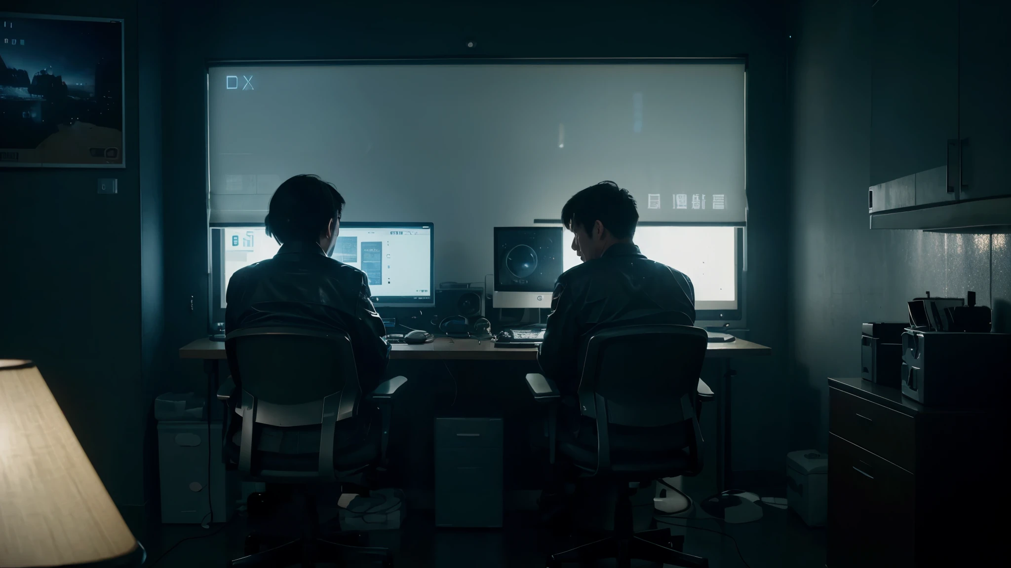 room with two people sitting at a computer desk, Chinese youth, male, still from the movie "Arrival", harddisk doctor, serious, sad, annoyed, rape face, letterboxed, sparkle, glowing light, American propaganda poster, projected inset, zoom layer, panorama, ray tracing, anaglyph, UHD, textured skin, super detail