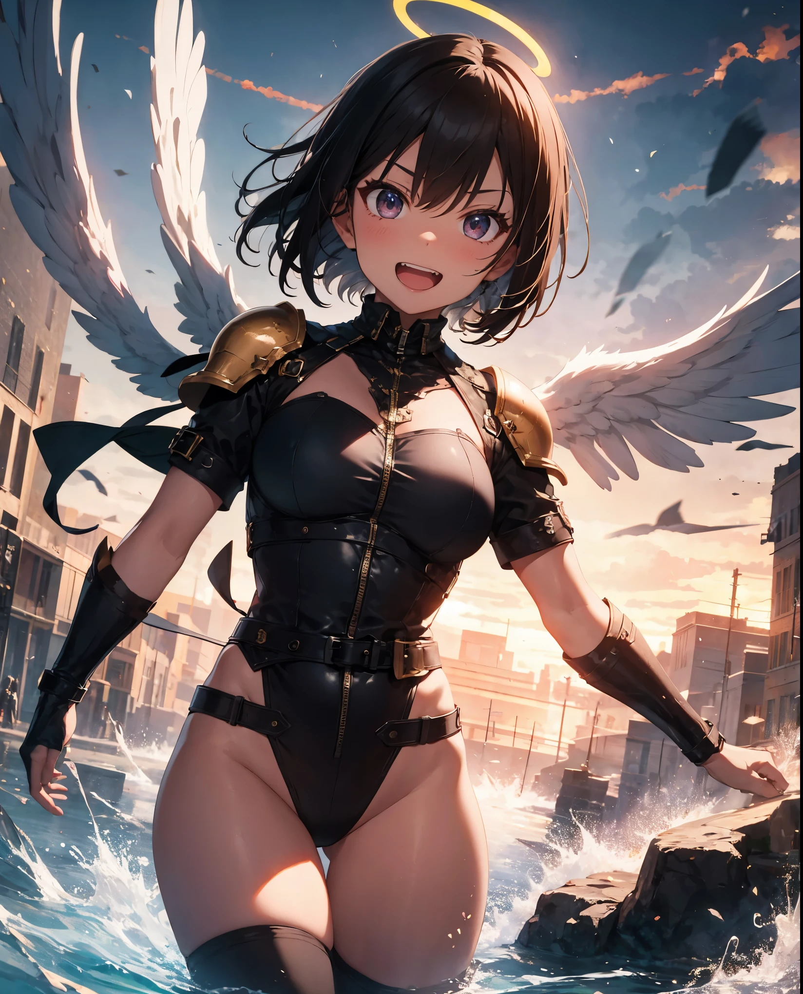 fantasy, 1angel_girl,low_, ,brown_hair, medium_bob_hair, long_bangs, halo,bare_shoulder,thighhighs,silver_armor, waist_armor, large_breasts,angry,grinning,open_mouth_teeth, 1pair_wings, dynamic_pose_fighting,floating, bare_crotch, headgear,gauntlet, greaves,city_sky_background,slightly_spread_legs, solo, groin_naked,dark_skin,
