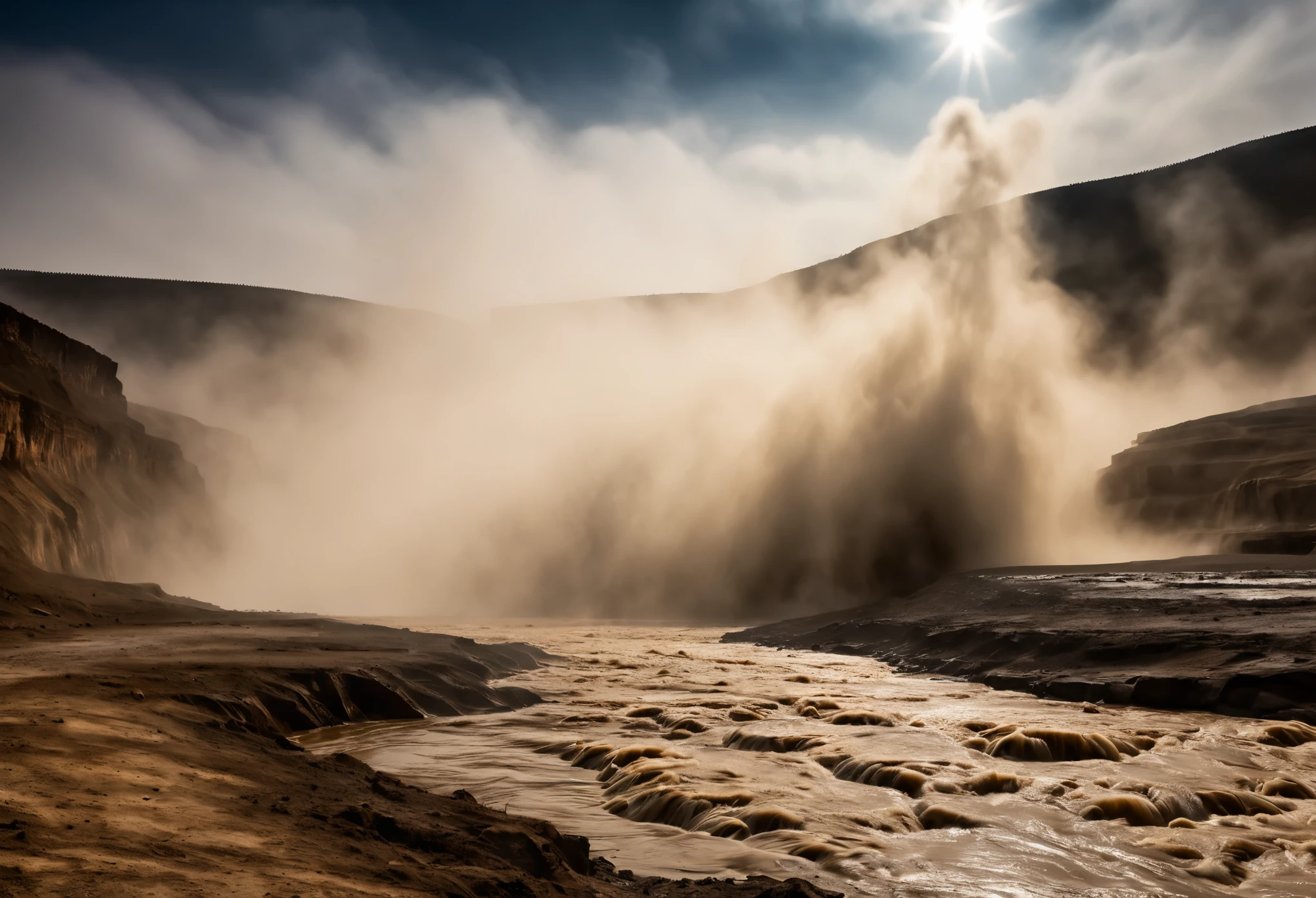Hukou Waterfall landscape，Smoke rises from the bottom of the water，mud color，Take care of the place where the Yellow River enters the &quot;Hukou&quot;，Rapid turbulence，Aroused water mist，soar into the sky，Steaming clouds reaching the sky，Like billowing smoke rising from the bottom of the water，Ten miles away，towering rocks，Hero，sunset，actual photography，Epic graphics，super high quality，beautiful details，Blue night，Magnificent landscape of bright big moon