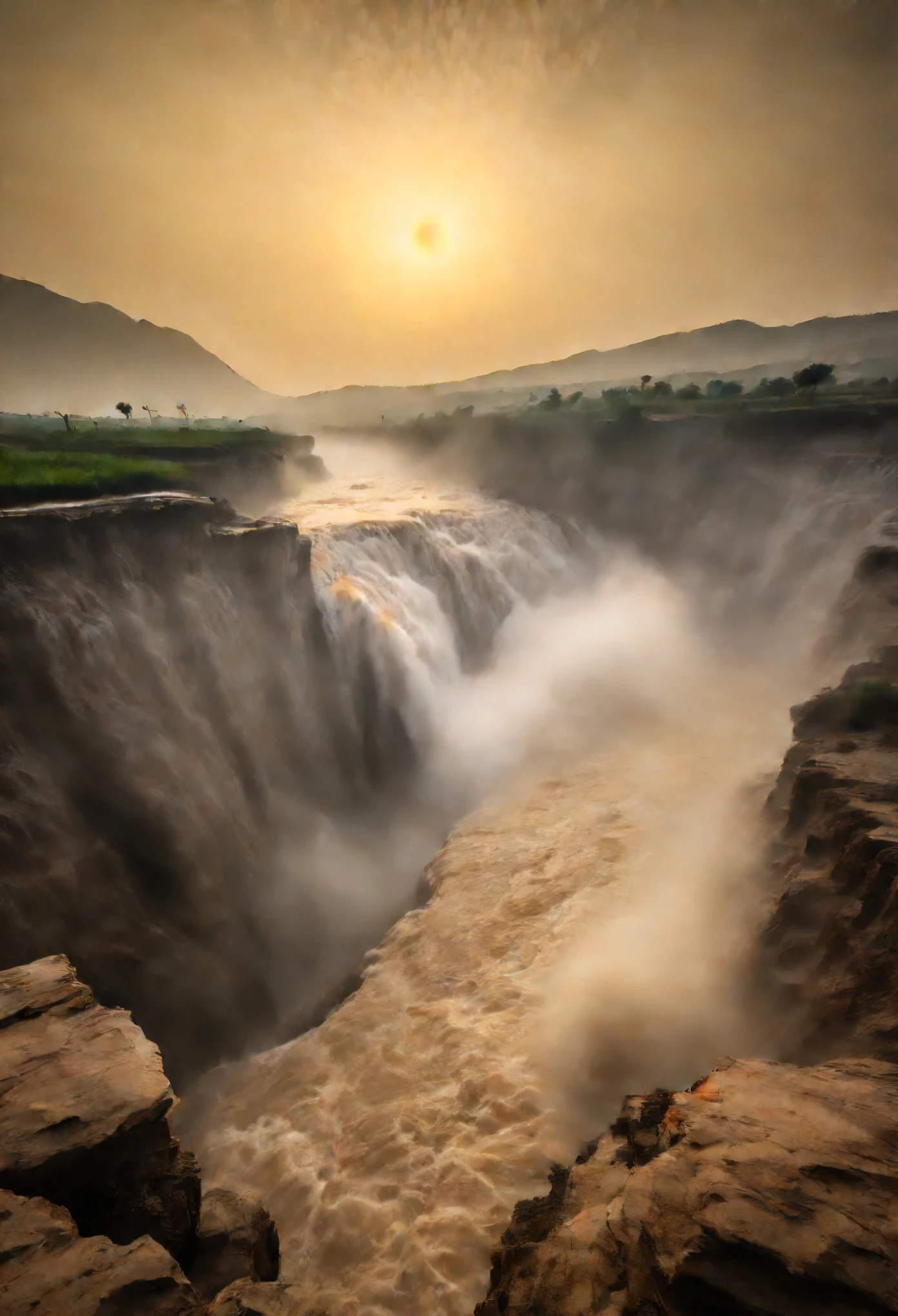 Hukou Waterfall landscape，Smoke rises from the bottom of the water，mud color，Take care of the place where the Yellow River enters the &quot;Hukou&quot;，Rapid turbulence，Aroused water mist，soar into the sky，Steaming clouds reaching the sky，Like billowing smoke rising from the bottom of the water，Ten miles away，towering rocks，The ancient knight stood on the rock and looked up at the waterfall，（sunset），ambient light，actual photography，Epic graphics，super high quality，beautiful details，