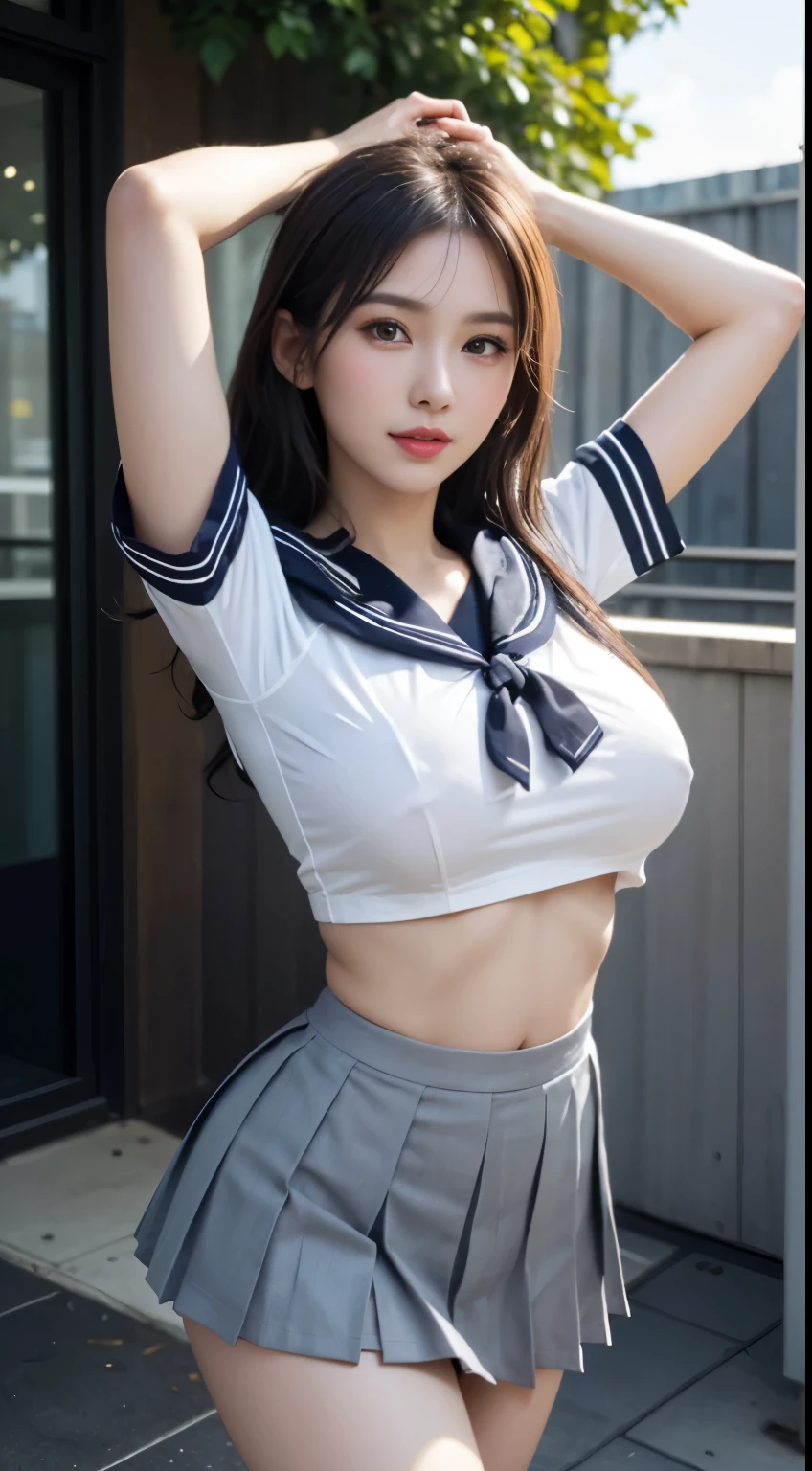 (highest quality:1.4), (hyper quality), (Super detailedな), 1 beautiful girl, So cute, wonderful face and eyes, Not aware of this, (Short-sleeved sailor uniform made of white and thin fabric, gray pleated micro mini skirt:1.5), (Beautiful and incredibly big breasts:1.3), (slender body:1.1), (thin legs), (Very thin waist), belly button, realistic skin texture, bangs:1.3, bright and glossy lips, Beautiful goddess descends, beautiful background, golden ratio, conceptual art, Super detailed, Accurate, advanced details, outdoors, sexy art, Surrounded by the summer sunshine, bright light, Super delicate illustration details, 8K wallpaper that integrates high-definition CG, RAW photo, professional photos, cinematic lighting, written boundary depth, (No bra in uniform:1.2), (You can see the shape of the nipple protrusions through the uniform.:1.2), (The nipple protrusions push up the uniform), (Her big breasts make her uniform stretch out:1.2), I'm massaging my chest and getting stuffy, cropped tops:1.3, underboob, (High heels on bare feet)