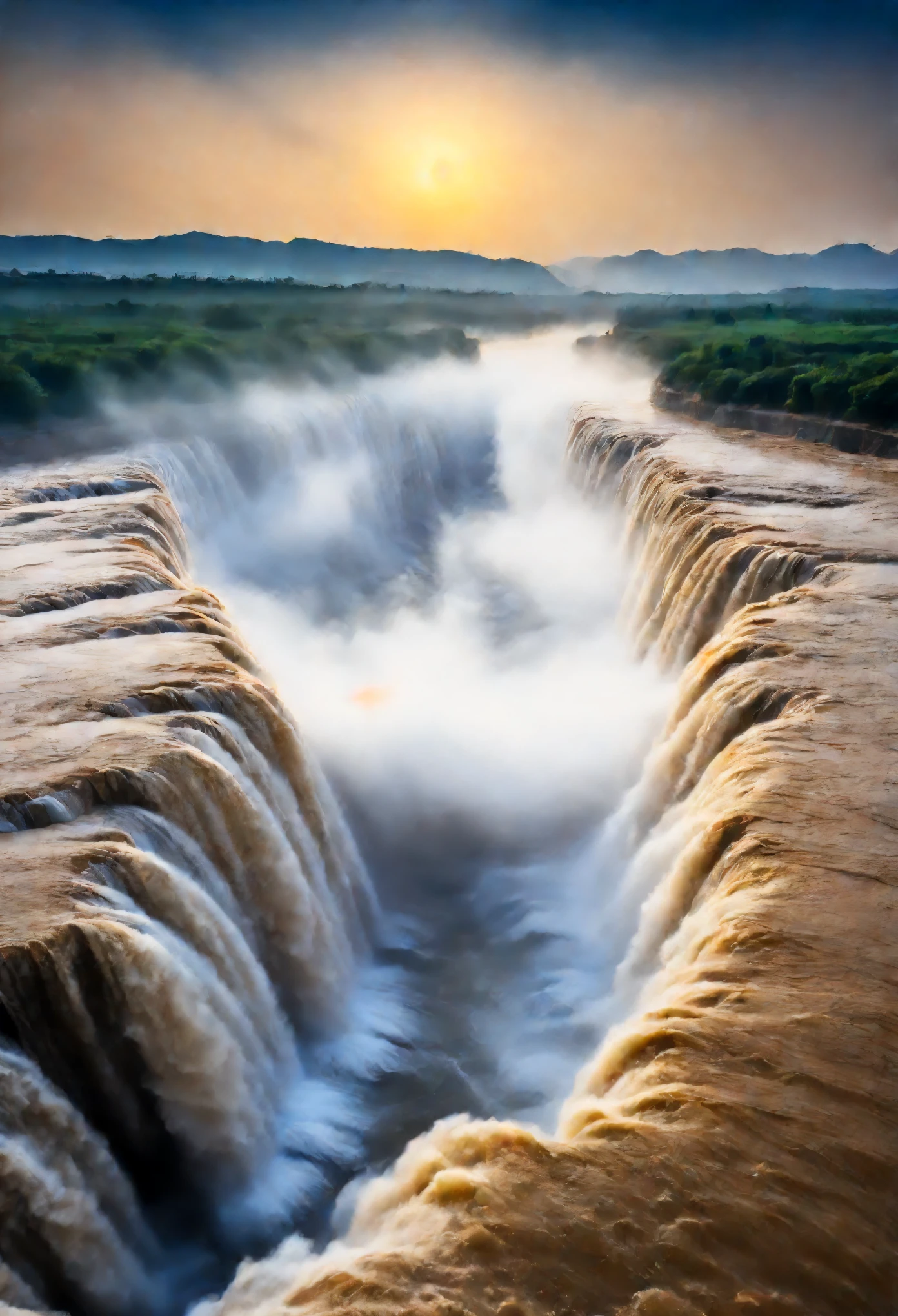 Hukou Waterfall landscape，Smoke rises from the bottom of the water，mud color，Take care of the place where the Yellow River enters the &quot;Hukou&quot;，Rapid turbulence，Aroused water mist，soar into the sky，Steaming clouds reaching the sky，Like billowing smoke rising from the bottom of the water，Ten miles away，towering rocks，Hero，sunset，actual photography，Epic graphics，super high quality，beautiful details，Blue night，Magnificent landscape of bright big moon