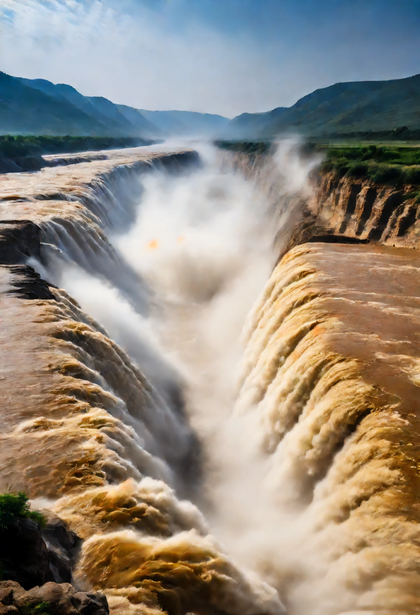 Hukou Waterfall landscape,Smoke rises from the bottom of the water,mud color,Take care of the place where the Yellow River enters the "Hukou",Rapid turbulence,Aroused water mist,soar into the sky,Steaming clouds reaching the sky,Like billowing smoke rising from the bottom of the water,Ten miles away,towering rocks,Hero,sunset,actual photography,Epic graphics,super high quality,beautiful details,Blue night,Magnificent landscape of bright big moon