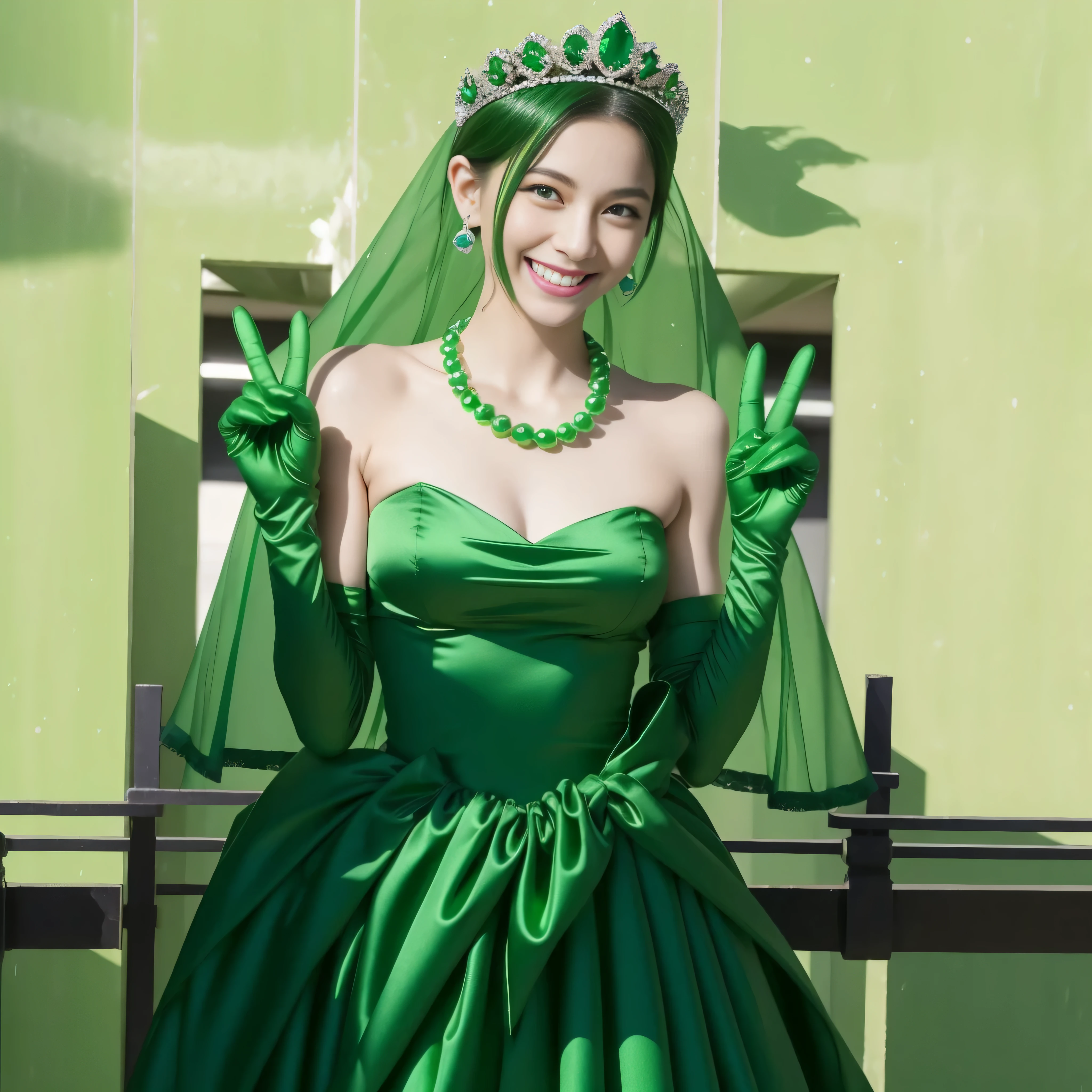 emerald tiara, Green Pearl Necklace, Boyish green berry short hair, lipstick, Smiling Japan woman, very short hair, big breasts beautiful, green eyes, Green long gloves made of satin material, green eyes, v sign, emerald earrings, Green Valley