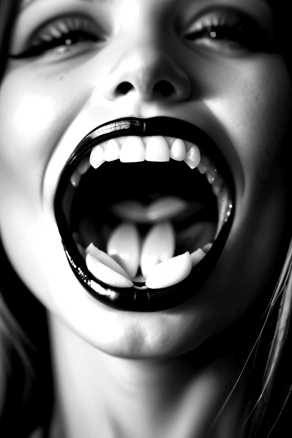A close-up photograph of a person's open mouth with a piece of food visibly stuck between their teeth. The image is captured in high definition, showcasing the intricate details of the teeth and gums. The shot is cinematically composed with a vignette effect, drawing the viewer's attention to the center of the frame where the food particle is prominently displayed. The lighting is carefully manipulated to create a dramatic and high-contrast effect, emphasizing the issue of the stuck food. Despite the slightly uncomfortable subject matter, the image is still artistically executed, with a sharp focus on the teeth and a muted color palette that adds a touch of elegance to the overall composition.