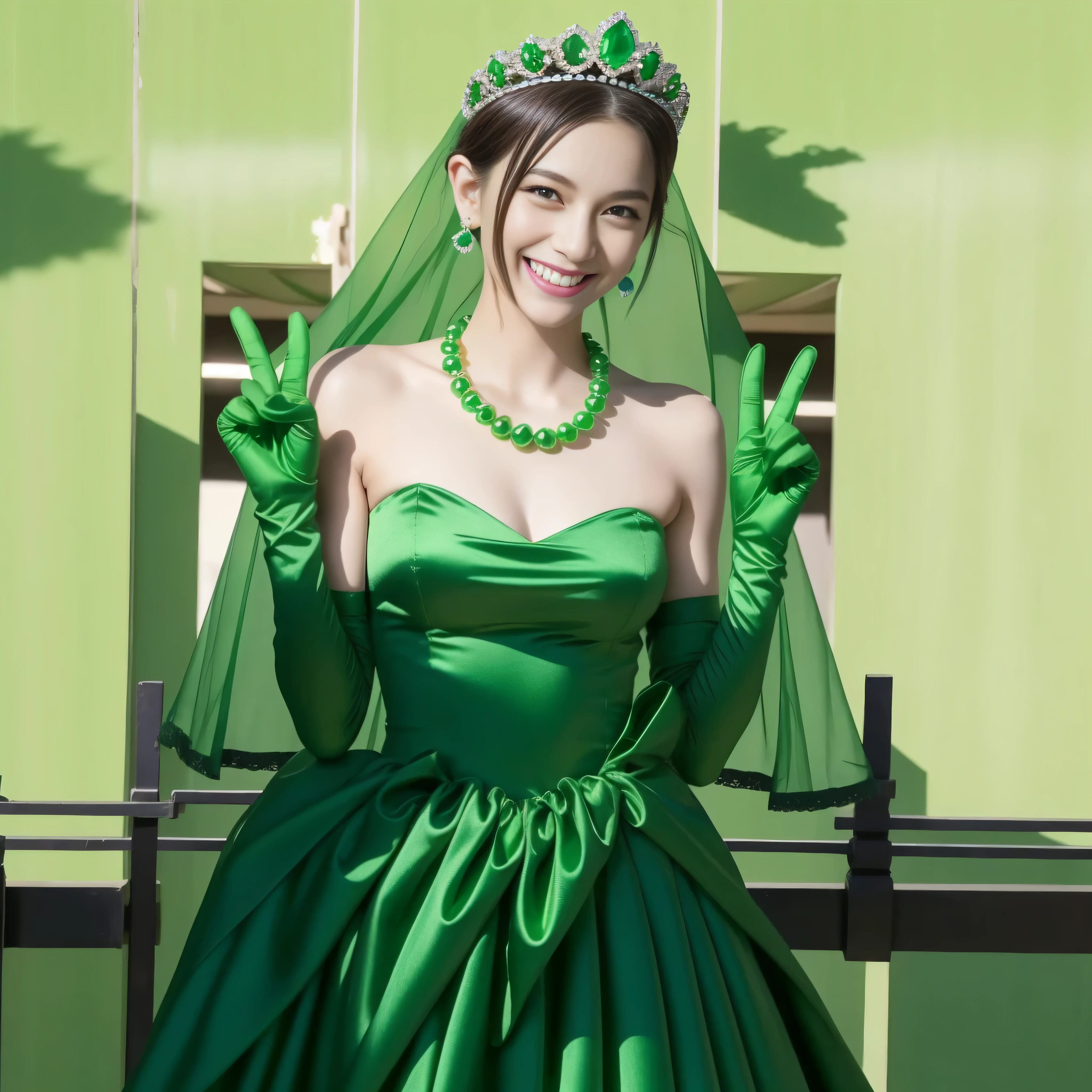 emerald tiara, Green Pearl Necklace, Boyish green berry short hair, lipstick, Smiling Japan woman, very short hair, big breasts beautiful, green eyes, Green long gloves made of satin material, green eyes, v sign, emerald earrings, Green Valley