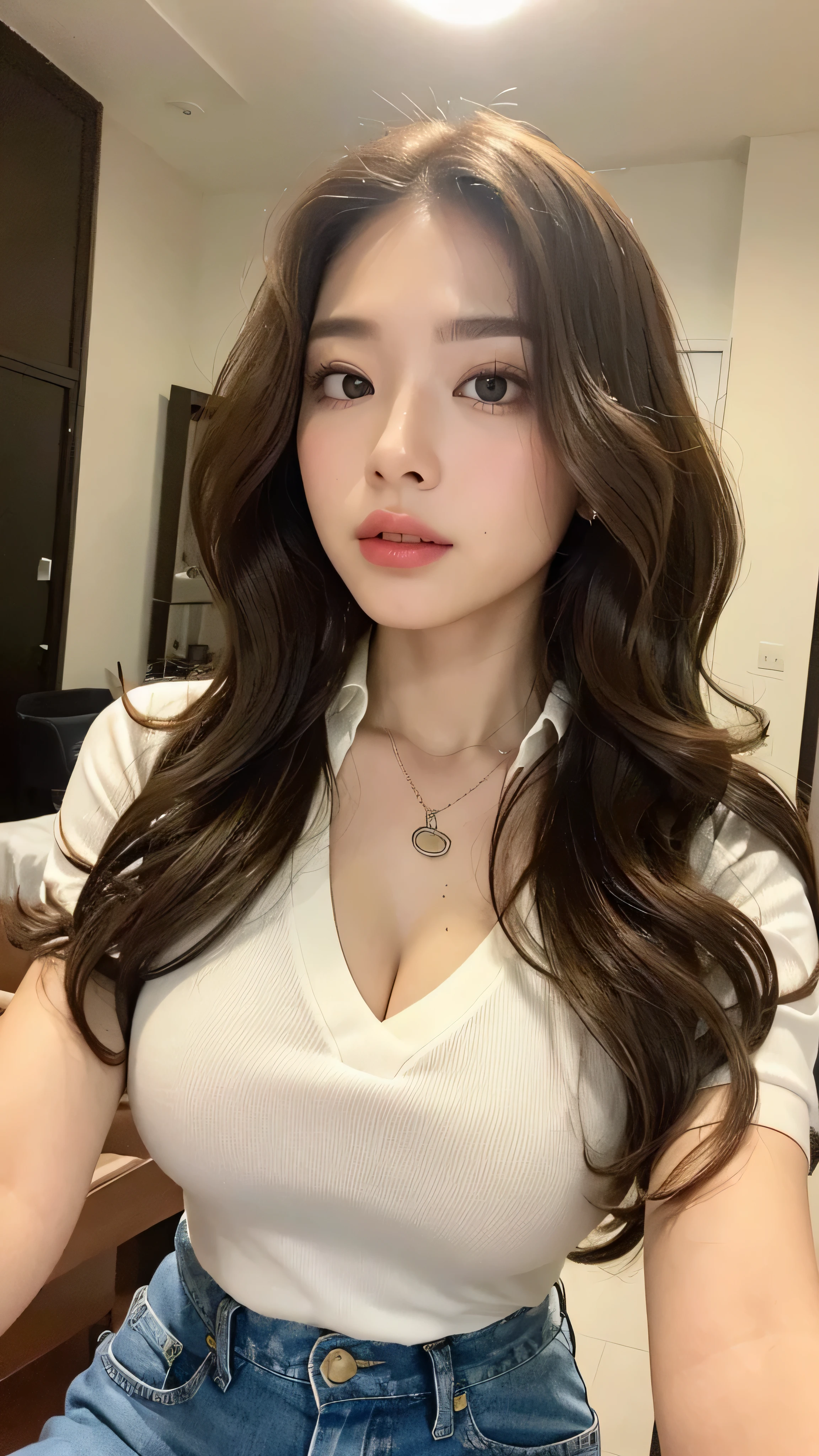 ((best quality, 8k, masterpiece:1.3)), focus:1.2, Beautiful woman with perfect body:1.4, raised buttocks:1.2, ((Random Long Thick Diva Hairstyle) ((Brown curly hair))(White and long legs:1.3,(Polo shirt with denim shorts:1.2) , (inside the room: 1.2), Highly detailed facial and skin textures, delicate eyes, double eyelids,whiten skin,(straight big breasts:1.3), looking at camera, wear necklace,