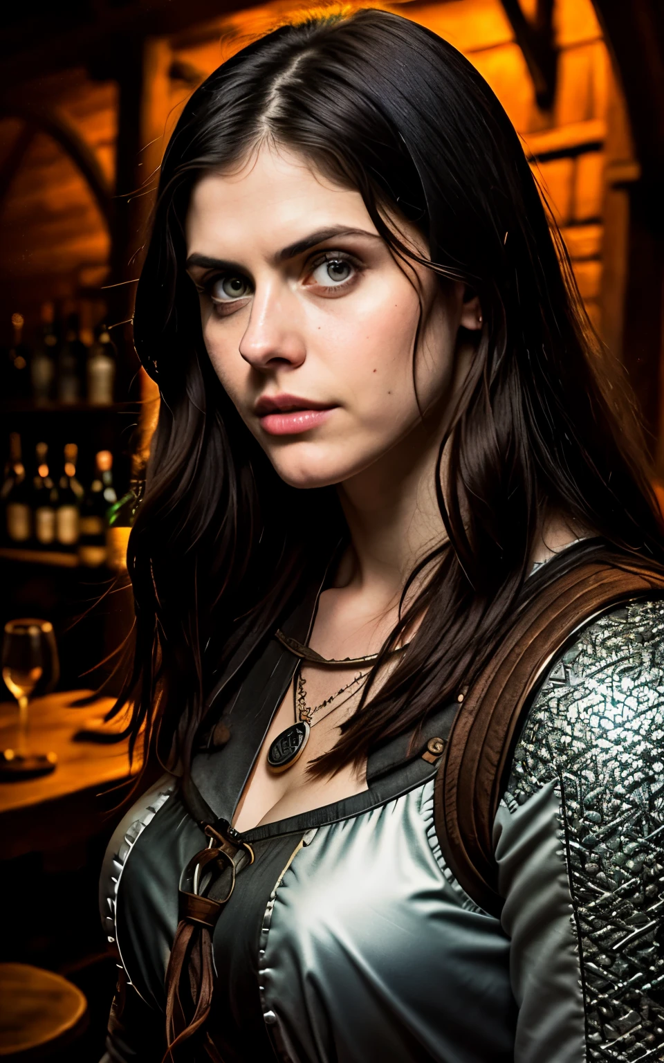 analog style, RAW photo, photography, hyper photorealistic, amateur photo shot of a alexandra daddario wearing medieval clothes, detailed skin, detailed face, soft natural raw light, highly detailed, cinematic, best quality, ultra detailed, extremely detailed, not look at viewer, candid shot, taken from mobile camera, f/22, deep depth of field, grain, noise, witcher vibe, medieval tavern background