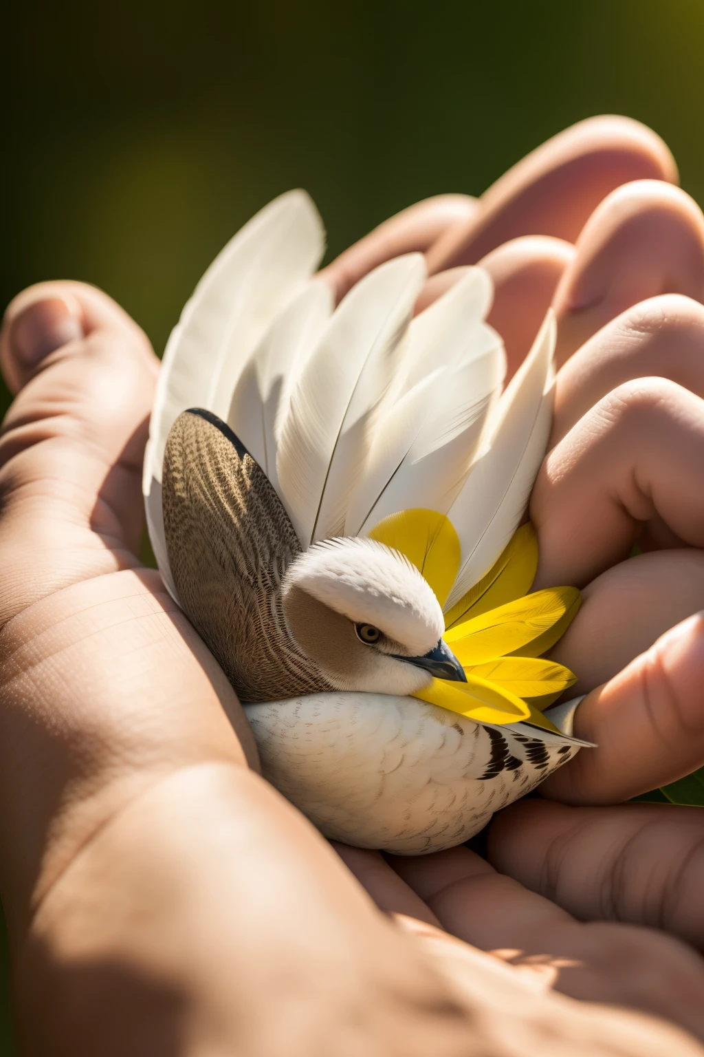 High resolution RAW photo, a portrait of a white colomba sleeping in a man's hand, showing only his hand with five fingers and a sleeping colomba in his hand, a high definition image, the main focus should be on details of the hand that houses a peaceful colomba, destacando texturas e cores. Um sentimento de calma e proximidade entre o homem e a aves, uma cena emotiva e atraente. An intimate moment captured in close-up that highlights the elegance of the woman's feathers.