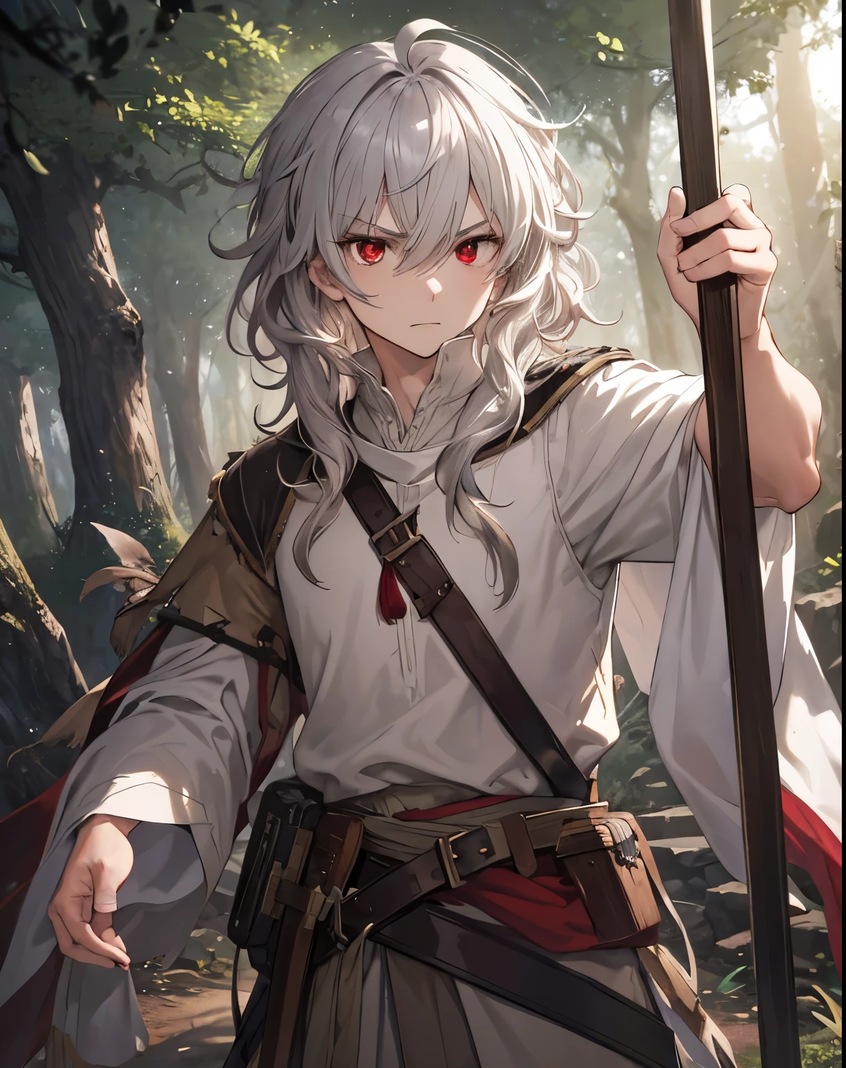 masterpiece, 1men, sparrow, a silver haired men, wearing a medieval villager clothes, curly medium hair, messy hair, slim body, wearing adventurer clothes, he close her left eye, shirt ornament, angry expression, red eyes, stand at forest, ahoge,