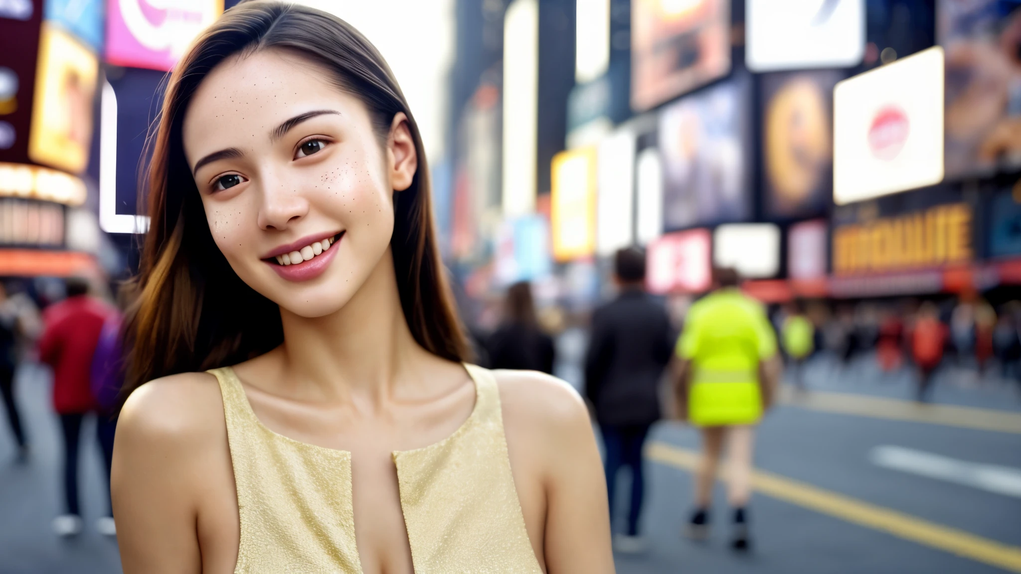 dressed, (photo realistic:1.4), (hyper realistic:1.4), (realistic:1.3), (smoother lighting:1.05), (increase cinematic lighting quality:0.9), 32K, 1girl,20yo girl, realistic lighting, backlighting, light on the face, ray trace, (brightening light:1.2), (Increase quality:1.4), (best quality real texture skin:1.4), finely detailed eyes, finely detailed happy face, finely quality eyes, (tired and sleepy and satisfied:0.0), face closeup, Take a walk on the street of Time Square, (Increase body line mood:1.1), (Increase skin texture beauty:1.1)