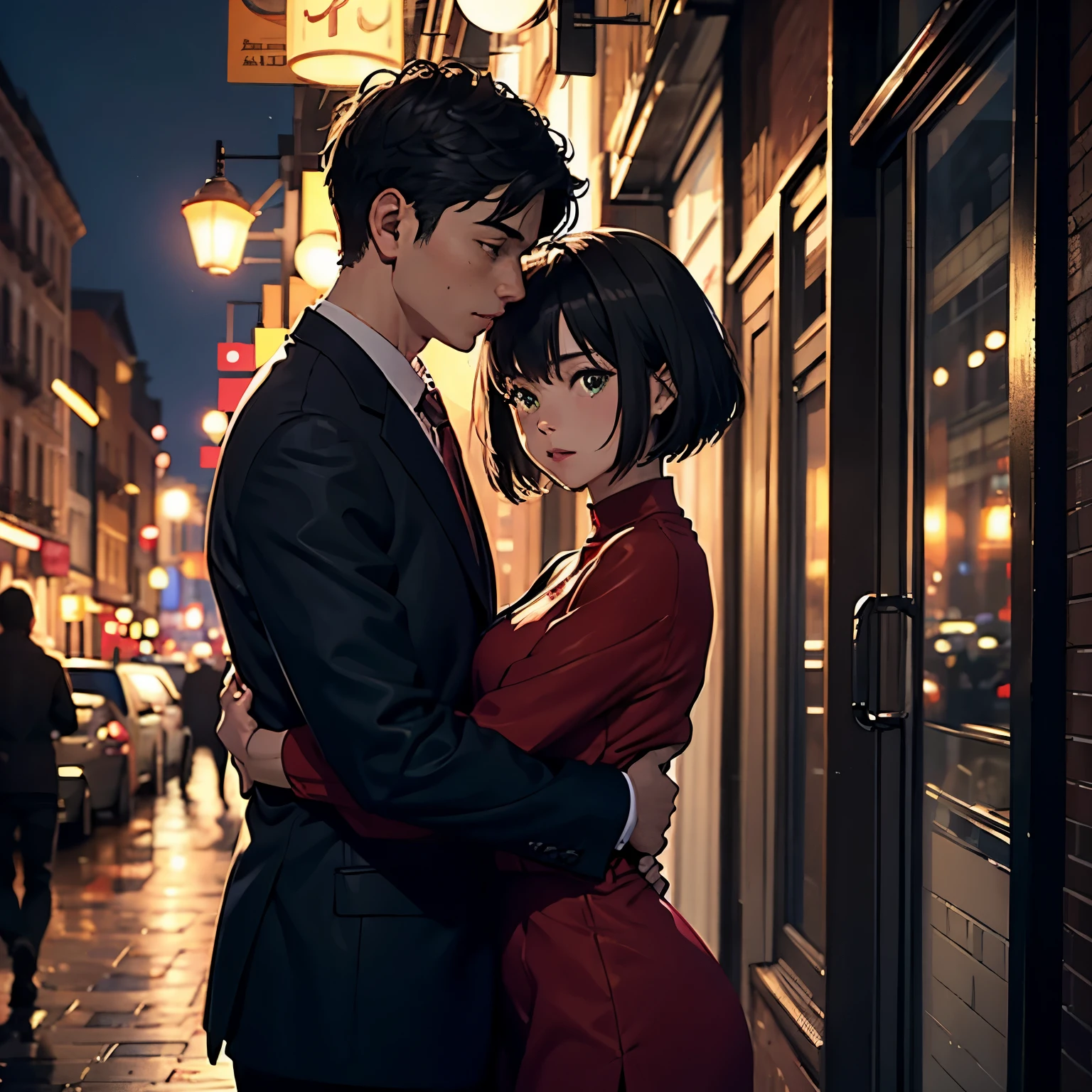 couple,City of night, 18 year old girl with beautiful short hair,brown hair,medium hair,Red clothes,28 year old man with green eyes,black suit,black hair, hug each other,anime