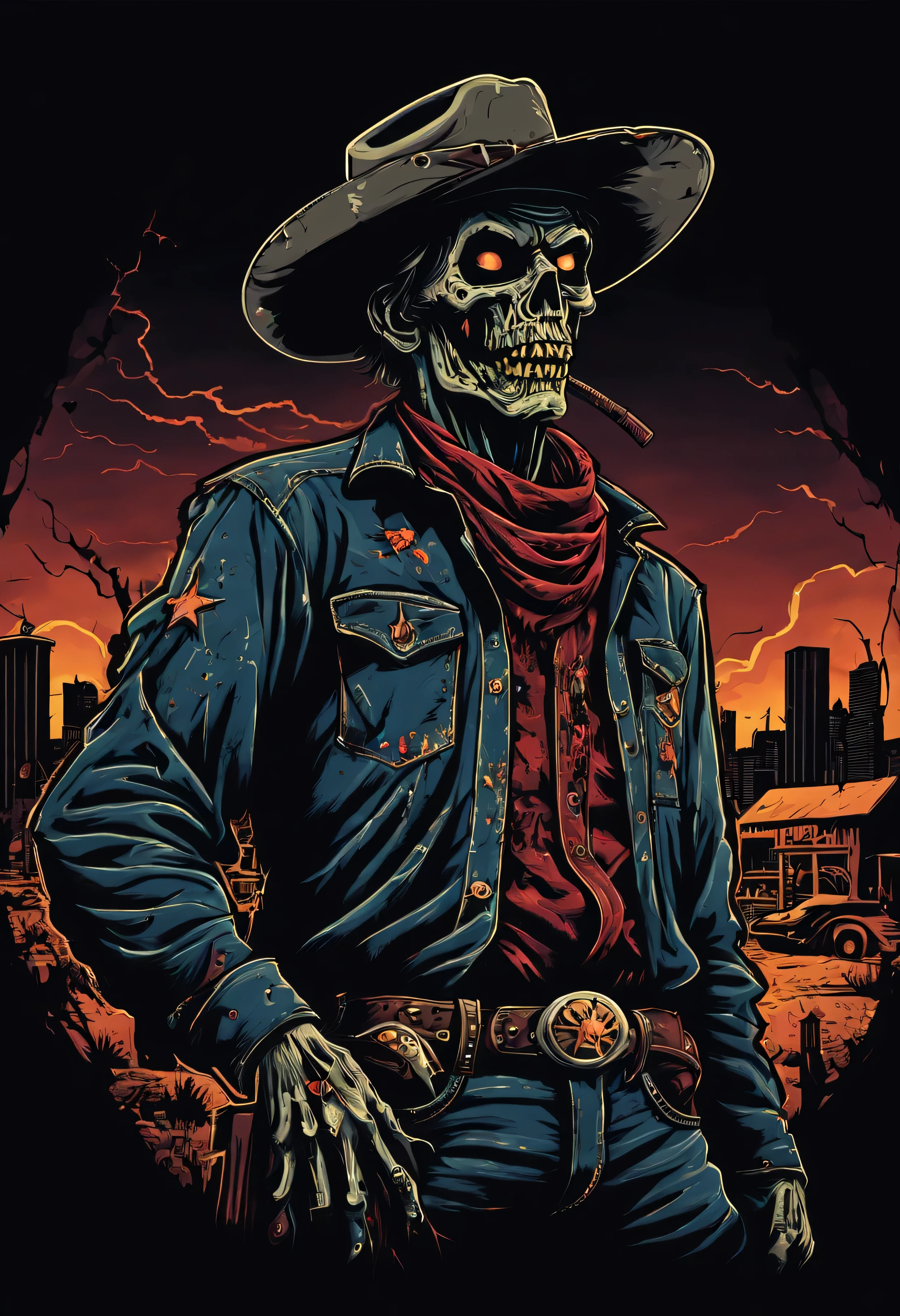 T-shirt design, artwork poster, cowboy zombie in city, grunge artwork, centric artwork, classic color, black background, NO TEXT,