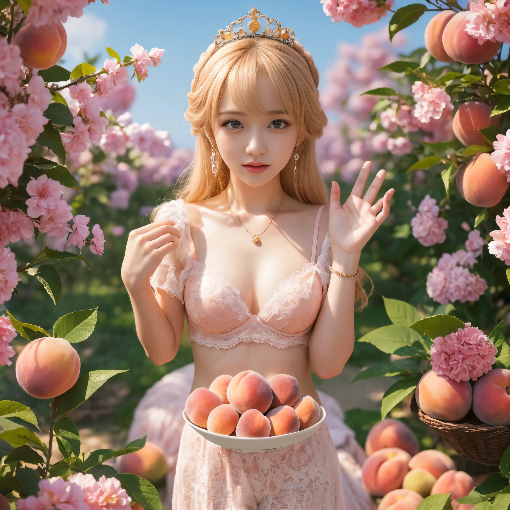 (RAW photo:1.2), (realistic), beautiful detailed girl, highly detailed eyes and face, thin and beautiful eyes, huge file size, High resolution, very detailed, highest quality, [table top:1.6], shape, very detailed, small details, highest quality, 8k wallpaper, movie lighting, 15 year old princess, Princess Peach of Peach Country, standing and playing,   enjoy peach party, hold peach in both hands, In underwear,A peach colored bra is visible, I can see her peach colored panties ,slender body, young face, small breasts, exposed underwear, surrounded by peach trees, peach cake, peach sweets, peach juice, 