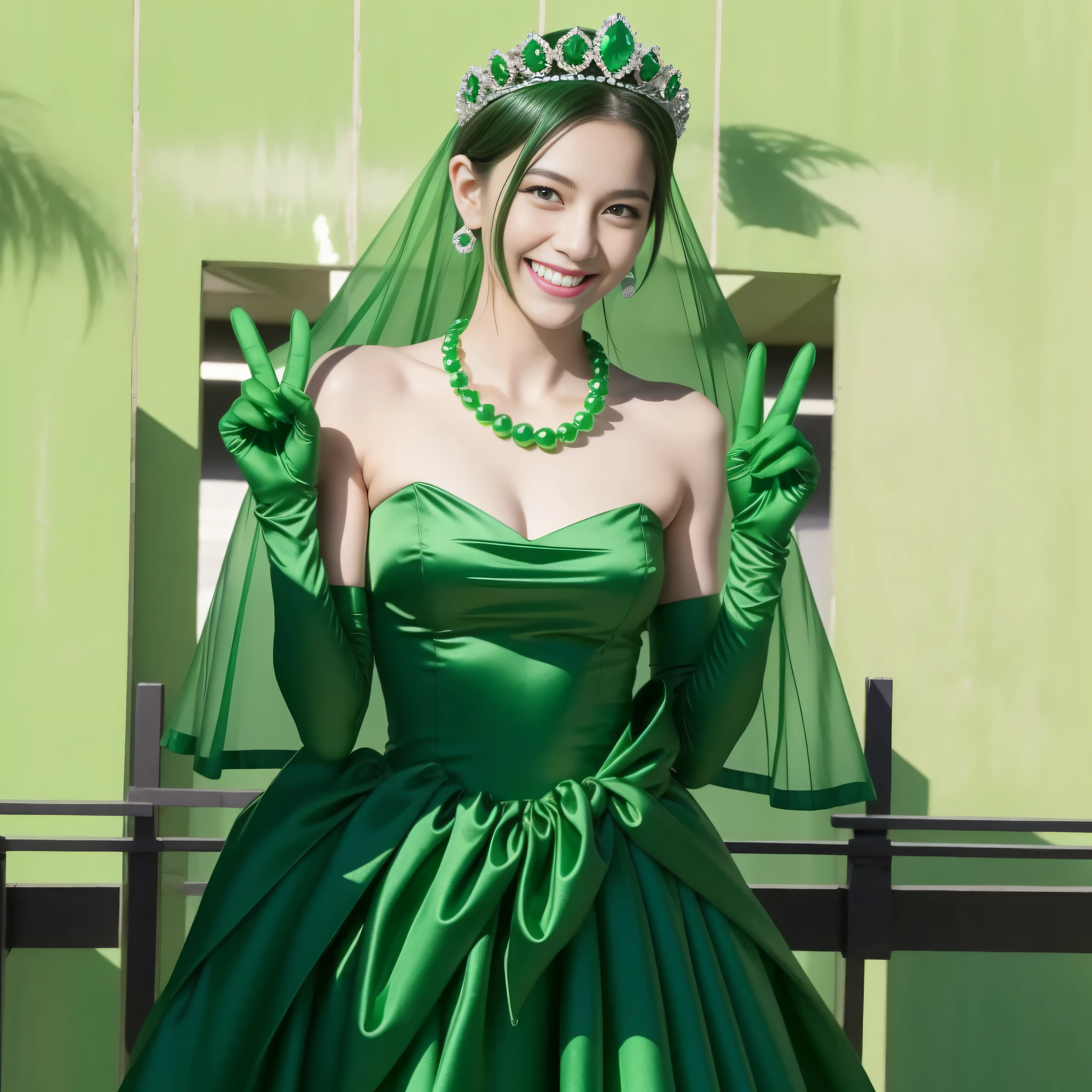 emerald tiara, Green Pearl Necklace, Boyish green berry short hair, lipstick, Smiling Japan woman, very short hair, big breasts beautiful, green eyes, Green long gloves made of satin material, green eyes, v sign, emerald earrings, Green Valley
