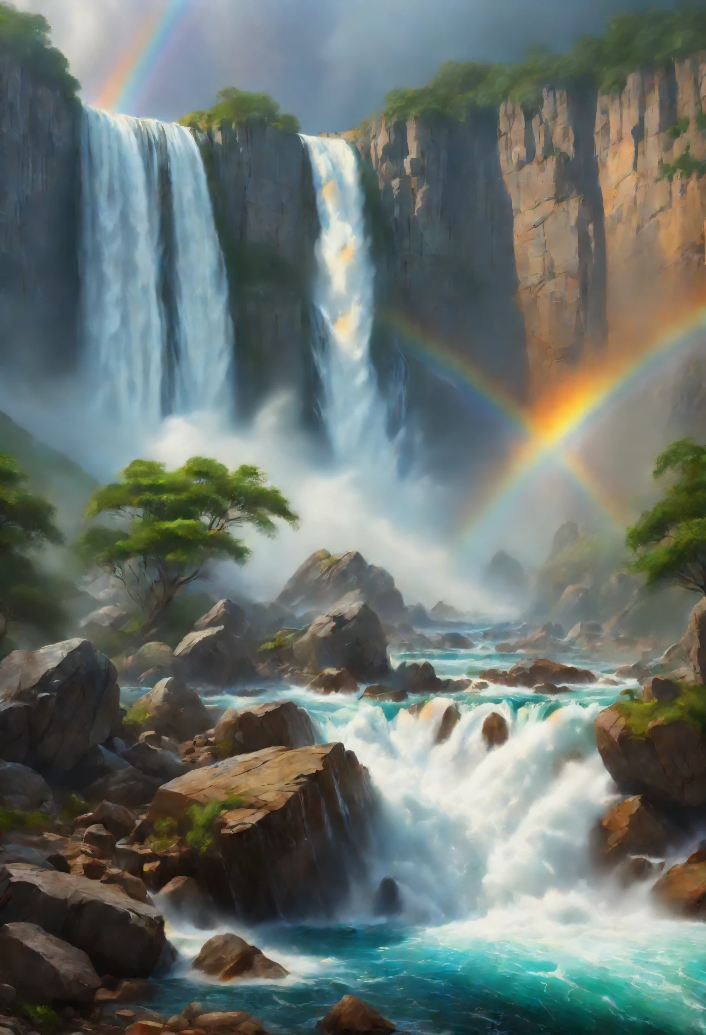 "(best quality, 4k, 8k, highres, masterpiece:1.2), ultra-detailed, (realistic, photorealistic, photo-realistic:1.37), monumental waterfall, oil painting, dramatic, powerful, roaring, cascading, thunderous, mountains collapsing, seas pouring out, awe-inspiring, dynamic, shimmering rainbows, mist, spray of water droplets, rocks and boulders, lush vegetation, HDR, studio lighting, vibrant colors, warm and cool tones, interplay between light and shadow."