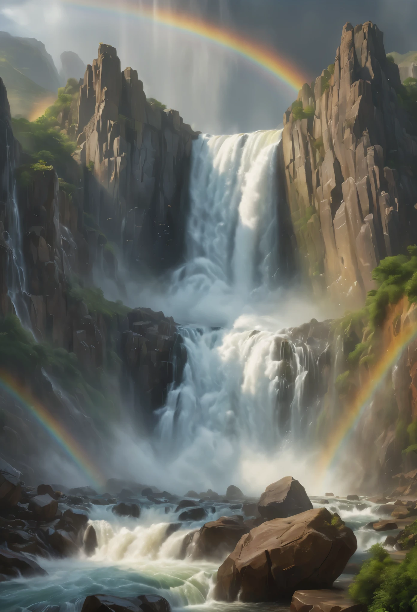 "(best quality, 4k, 8k, highres, masterpiece:1.2), ultra-detailed, (realistic, photorealistic, photo-realistic:1.37), monumental waterfall, oil painting, dramatic, powerful, roaring, cascading, thunderous, mountains collapsing, seas pouring out, awe-inspiring, dynamic, shimmering rainbows, mist, spray of water droplets, rocks and boulders, lush vegetation, HDR, studio lighting, vibrant colors, warm and cool tones, interplay between light and shadow."