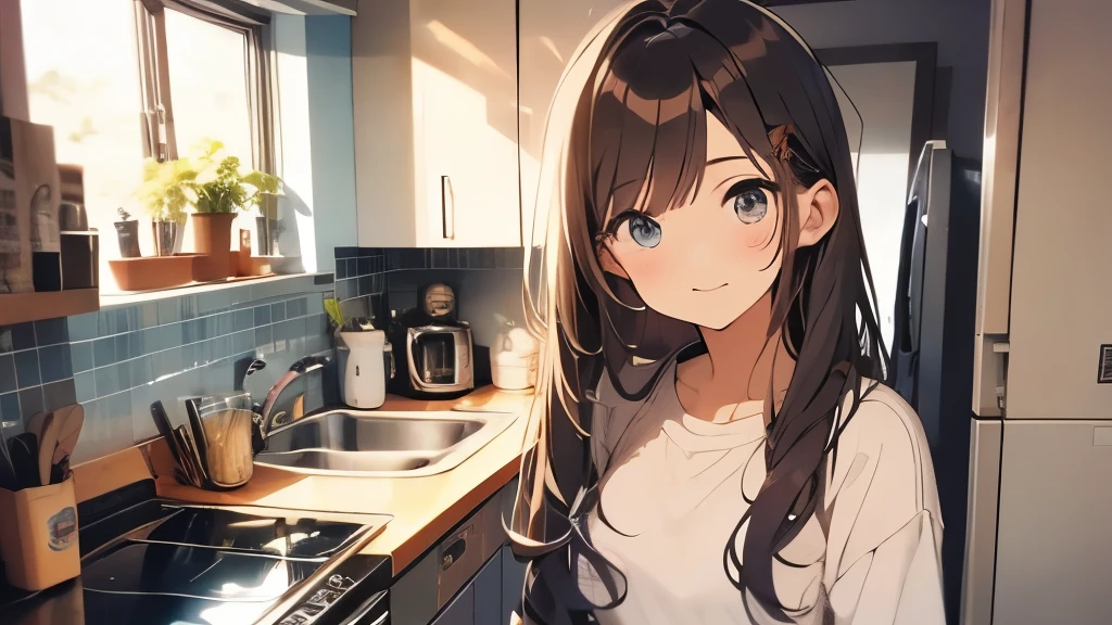 20 year old woman、hair is brown、long hair、eyes are big、one's home、standing in the kitchen