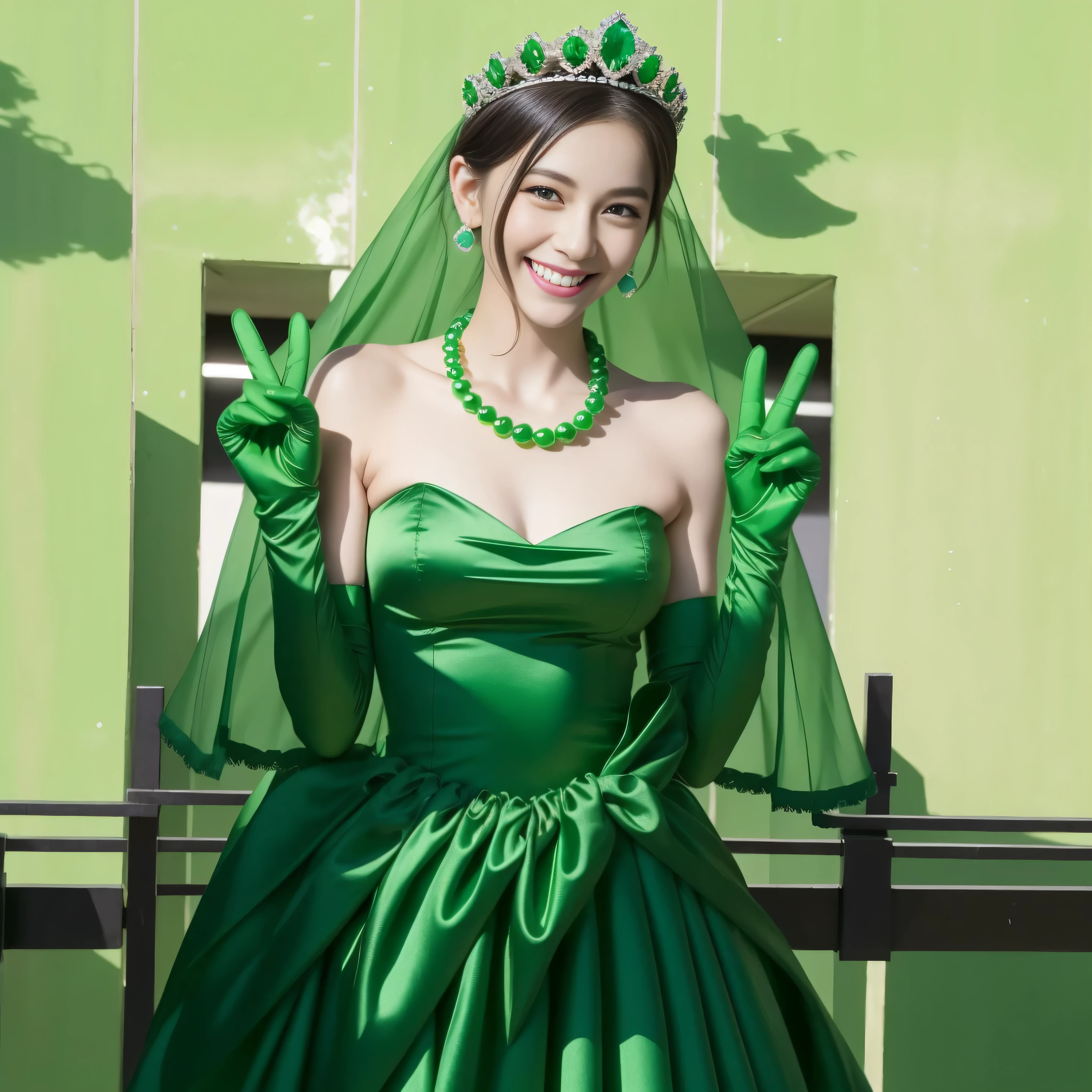 emerald tiara, Green Pearl Necklace, Boyish green berry short hair, lipstick, Smiling Japan woman, very short hair, big breasts beautiful, green eyes, Green long gloves made of satin material, green eyes, v sign, emerald earrings, Green Valley