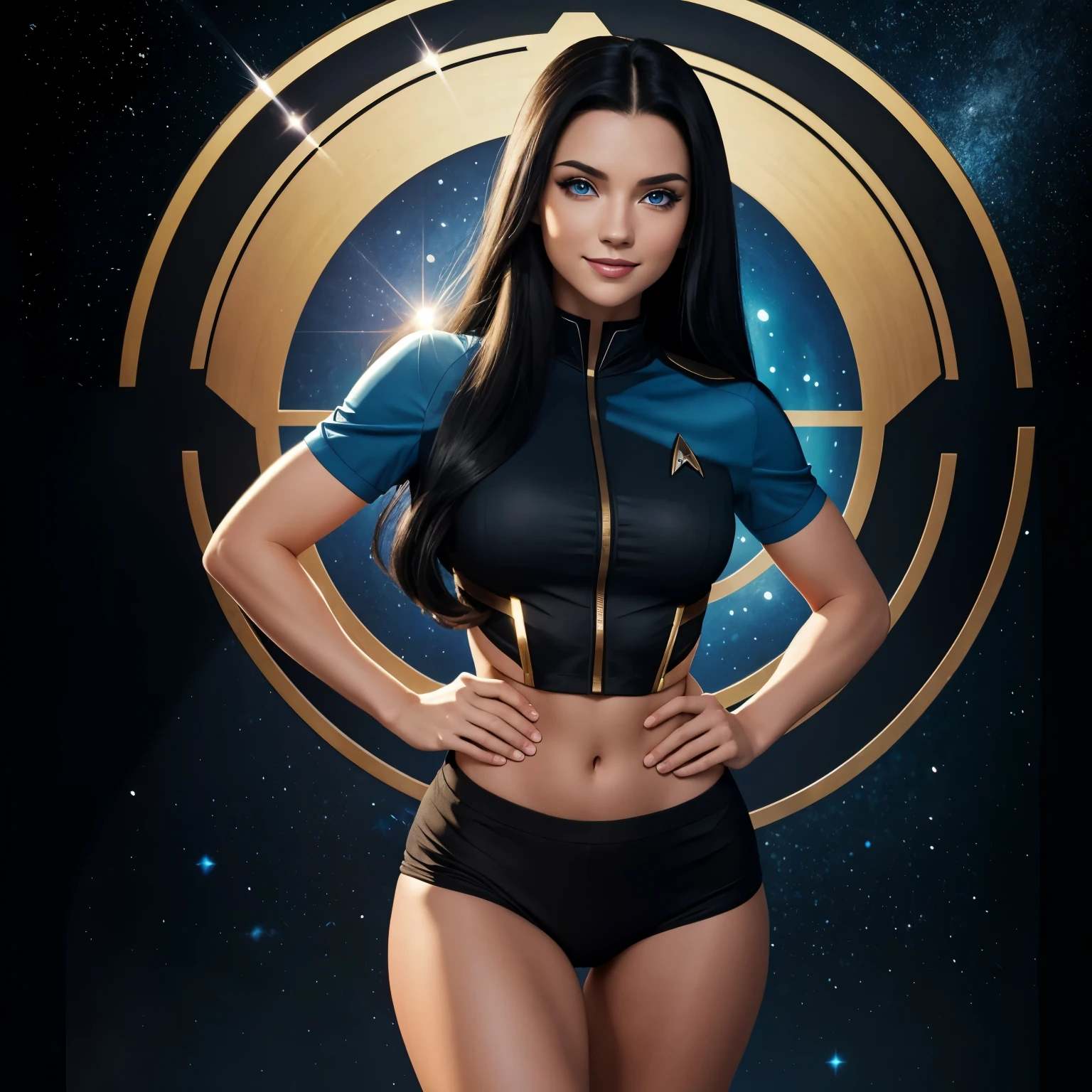 masterpiece, full body, a beautiful 25 year old woman, long black hair, sparkling blue eyes, sweet smile, friendly, fit bombshell body, star trek uniform, enterprise, sexy pose
