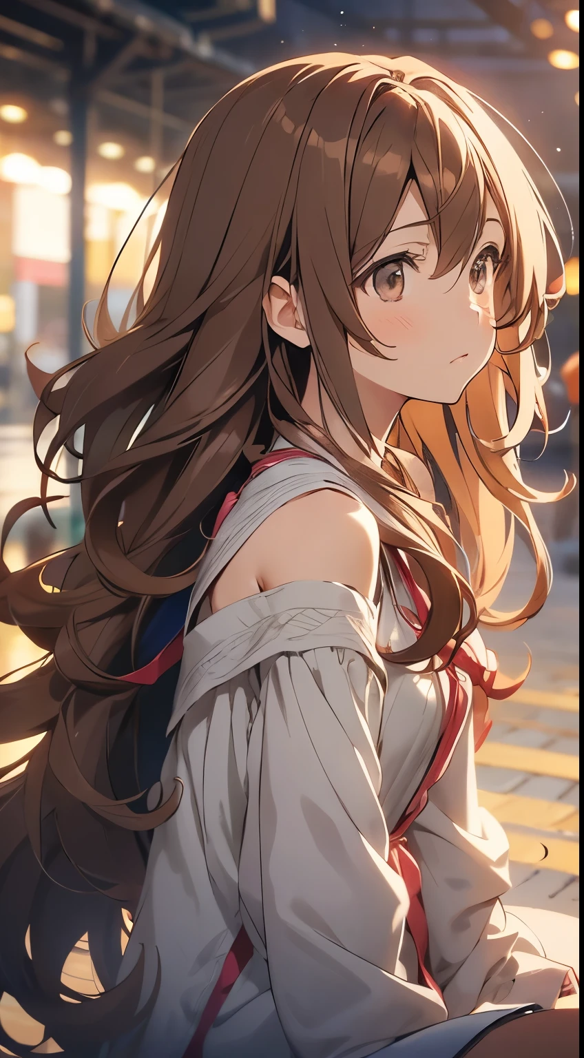 Anime style, 1womanl, brown haired, Wavy shoulder-length hair, full bodyesbian, looking away from camera, Looking up at the sky, Calm, Soft dramatic lighting, depth of fields, Bokeh, vibrant detail, hyper realisitic,