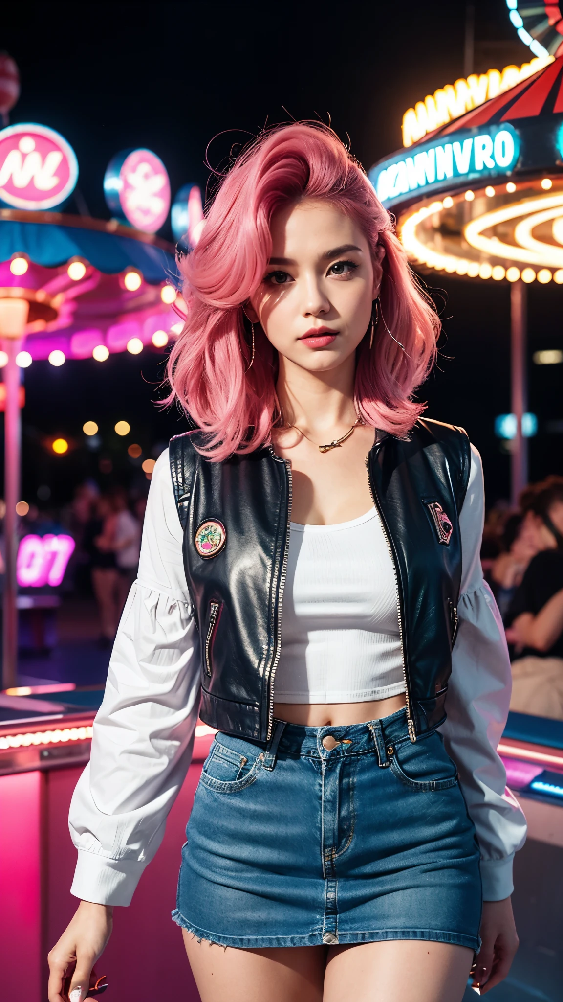 (Ultra-detailed eyes), (((textile shading))), (((Best Quality))), (((masterpiece))) sassy girl, (((realistic))), 1 girl, solo, pink hair, pink hair, pink hair, pink hair, unusual hairstyles choices, ((wolfcut hair, gorgeous hair)), Pink eyes, (((retro futuristic Outfits))), ((carnival pose)), (((Game CG)) (gorgeous, sassy, it girl), fancy jewelry, in carnival ride in the city at night, strong night carnival atmosphere, strong carnival atmosphere, cowboy shot, midshot, front look, centered image, eye on camera, Zipped Leather Biker Jacket, Cropped Denim Vest, Mini Skirt, carnival color, unusual fashion choices