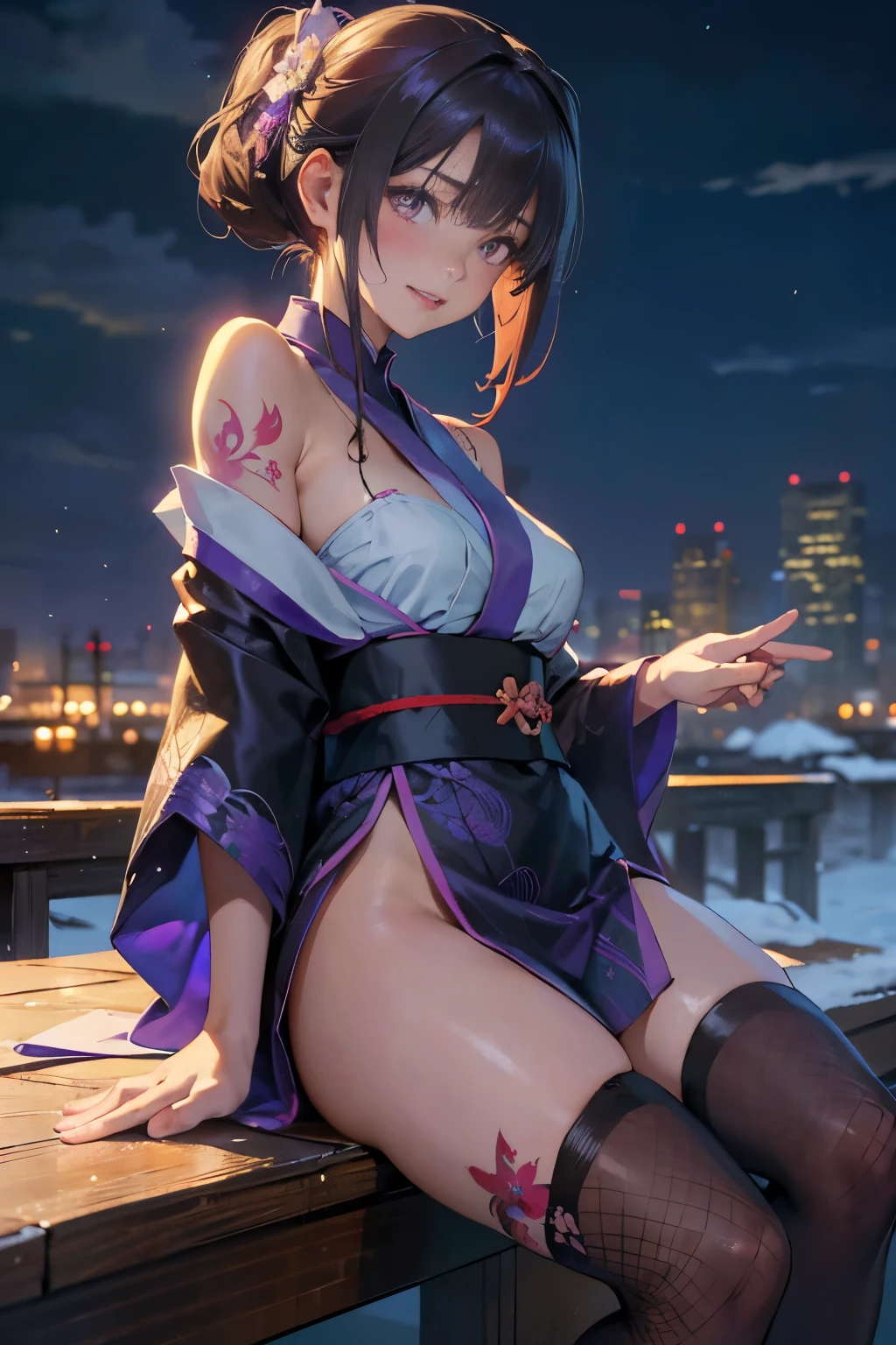 a 20 yo woman、Blackberry hair、Long double ponytail、Hefty Smile、、hands and feet,Thighs at a glance、Fishnet tights、Open chest long purple ankle length cheongsam、(High top fade in and out:1.3)、Dark theme、mute、pastelcolor、hight contrast、(Natural skin texture、hyper realisitc、softlighting、Sharp) (On the table, Highest quality, Best quality at best, offcial art, Beautiful and beautiful: 1.2), (1 girl in: 1.3), The is very detailed, (s fractal art: 1.1), (colours: 1.1) (blossoms: 1.3), (author:Yuko Higuchi:1.4), Yuko Higuchi,(Posted by:1.2),(linear art),line drawn,pen painting,Tangled,(tattoo pattern:1.2),(complex line work),(Best quality at best:1.1), (ultra - detailed),Most Best Illustration,finely detailled,hand-drawn high quality,hight contrast,(Clean lines:1.3),Clear's lines,(sportrait),(Very close-up:1.1),1 girl,Alone,The girl was wrapped in snow,(Complicated details:1.3),(detailedbackground:1.2),(coloured background:1.1),a sketch,Complicated details,A high resolution,a moon,quality、8K、A high resolution、masterpiece、(Potrat:0.6)、A brunette one、mid hair、(Laugh terrily:1.3)、(Just look at the audience:1.3)、(bokeh dof)、18 years old、8K, On the table, (realisticlying:1.5), Artistic portrait seen from behind ((dragon girl) in a kimono), tattooed back, Tattoos that expose the back, (Dragon Tattoo), of shoulders, Big chest, Beautiful skins, slimfigure, Cute face, pretty look, Just look at the audience, Red hair tied into a bun with bangs, There is fog, sunlights, aerial viewr, clouds, Cozy and cool atmosphere, dynamic lighting, natural, artistic,18-year-old girl Wahori skin, Japanese yakuza, jpn, tokyo background, actual, Foto realism, On the table, Best quality at best, Movie photos of Japanese group tattoos, epic lighting, Japanese Yakuza tattoos, Japanese art on behance, Japan culture, sexy for, exotic, 'utterfly and flower tattoo on upper body,Complete collection of arm tattoos、