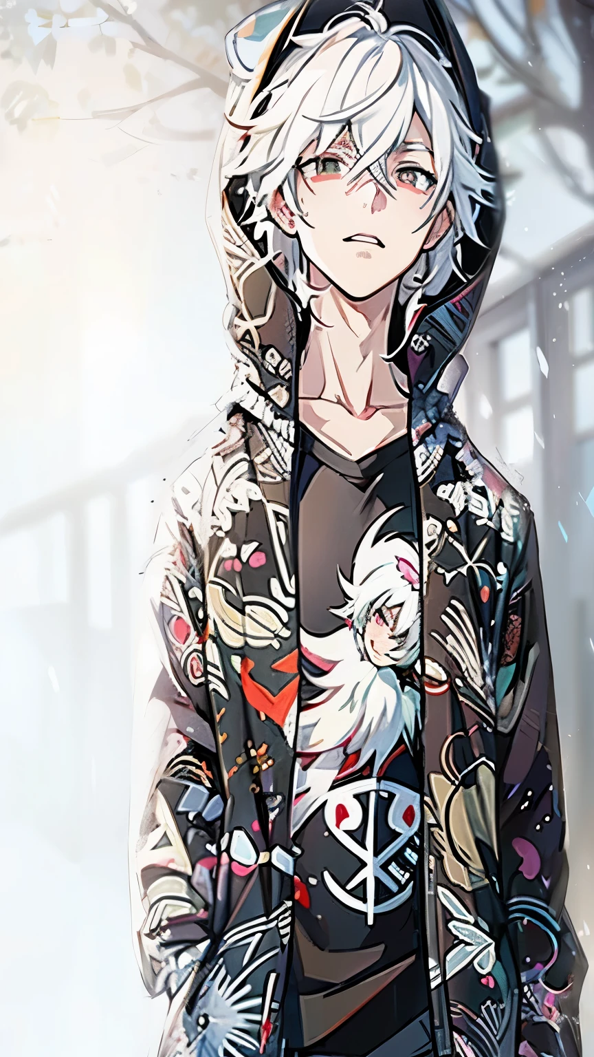 anime boy in a black hoodie, anime boy, key anime art, nagito komaeda, tall anime guy, as an anime character, white haired, high quality fanart, 8k)), accurate depiction, young anime man, white-haired, style anime, chilly