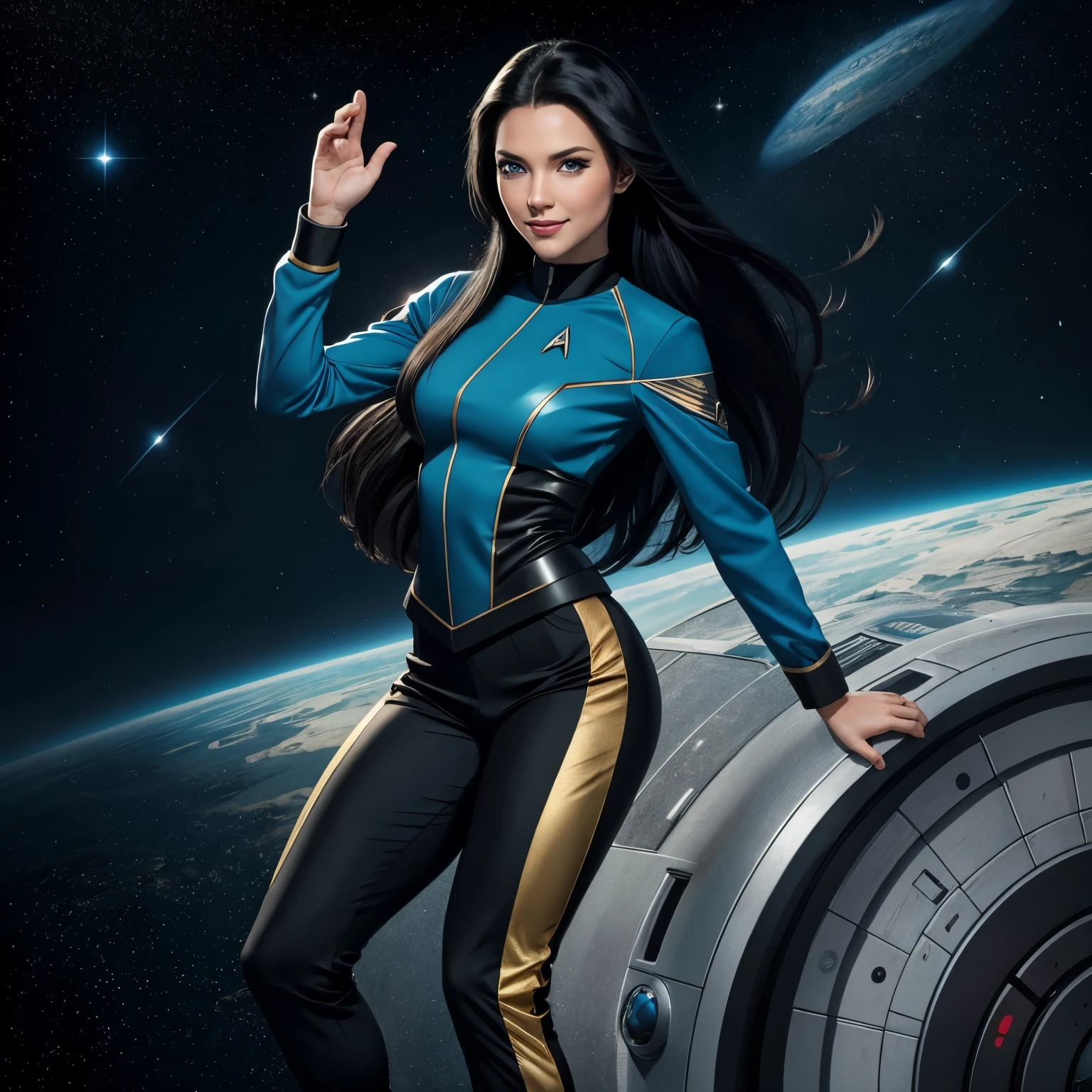 masterpiece, full body, a beautiful 25 year old woman, long black hair, sparkling blue eyes, sweet smile, friendly, fit bombshell body, star trek uniform, enterprise, sexy pose