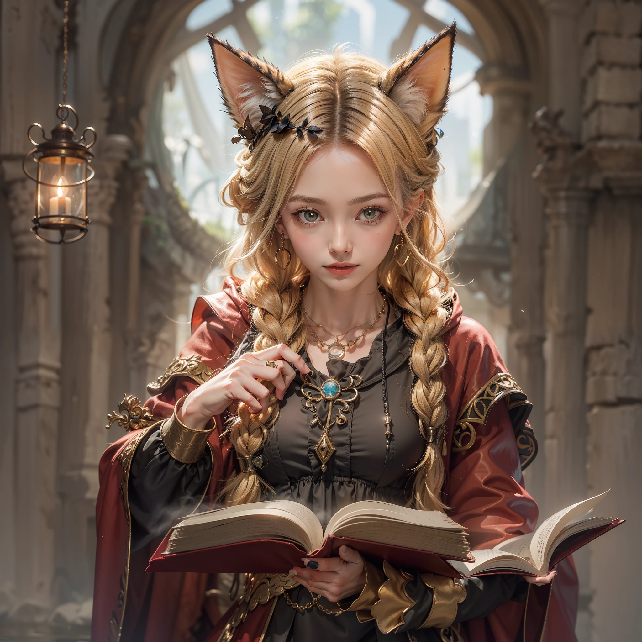 ((cat ears on her head)), award-winning masterpiece, incredibly detailed, textured and maximally detailed, woman in long dress , portrait of a female magician, female occultist, female cleric, portrait of a female necromancer, portrait of a female magician, female magician, night scene, womanNecromancer, female magician, medieval woman, female magician, kind eyes, (she has a mischievous smile on her face), friendly and girlish face, glass earrings in her ears, she is holding an old magic book with leather cover in her hand, ((full body portrait)), ((full body standing image))((gives full-length standing image)), ((around her neck is a simple necklace of elaborate workmanship, ((full-length standing image))), She is holding an old magic book with a leather cover in her right hand. , She holds a small hanging lantern in her left hand, ((blonde hair parted in two and braided into a braid)), (a calm, modest cloth dress with elegant embellishments), (reddish brown braided sandals, (cloth dress)), ((she has a worn-out cloak over her shoulders)), (((looking up)), ((looking down)), (alchemist's room), (alchemist's workshop), (alchemist's laboratory), (ruins of an old castle), (ruins of an ancient castle), (deserted ruins), (crumbling ruins), (ruins with a clear puddle), (ruins with a clear pond), (clear calm water flowingruins), (old ruins with clear water), (twilight), (sunset), (dusk), (wavelets), (ripples on water surface), (flowing water)