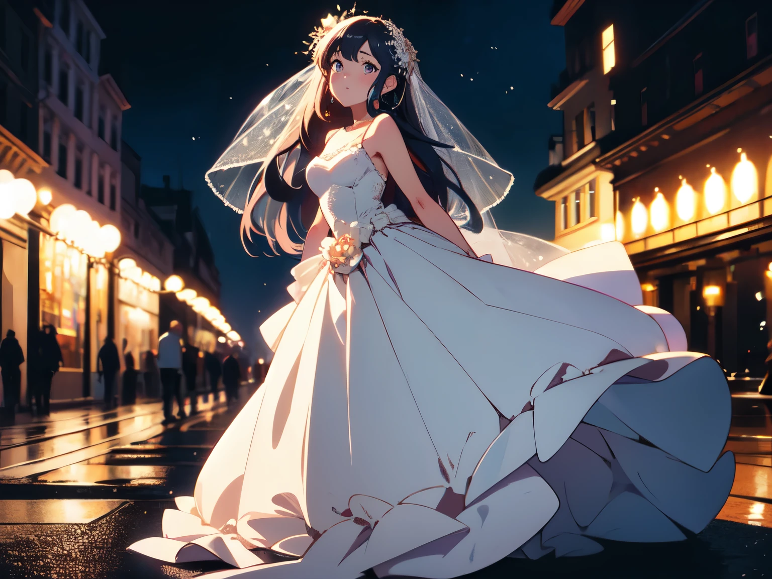 (highest quality, High resolution, masterpiece:1.2,), figure, night, 1 girl, whole body, (Wedding dress), turn your arms behind your back, Waiting for a kiss, looking at the viewer, Happy, blush,beautiful anime