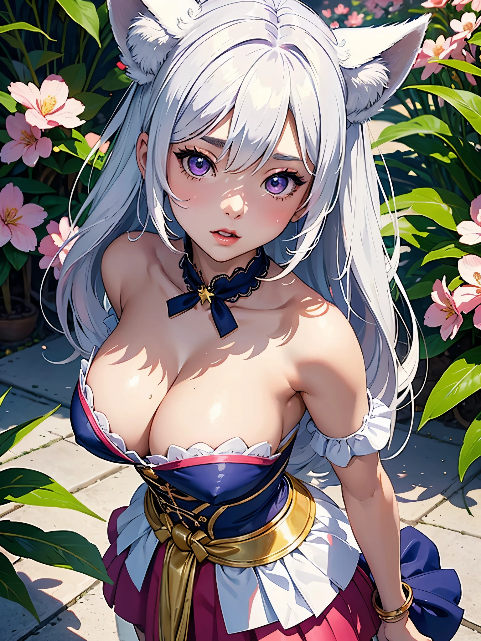 Create pop art style digital artwork、ディテールが施されたfox earsの女の子が特徴です、1 girl、Medium chest、star eyes、blush、Unique、(1 girl: 1.4)、white hair、fox ears、purple eyes、perfect face、Detailed face、Perfect body、beautiful eyes、pretty face、(bright skin: 1.4)、Idol、(whole body)、Priestess in Japanese costume、Street Fashion、coloring scheme、Surrounded by vintage floral patterns、vivid brushstrokes、Emotions must be dynamic、Upper body、、illustration、Grayscale、tropical、Many cherry blossoms、(Super full breasts)(deep cleavage)(Perfect body)(Super full breasts)(deep cleavage)(Perfect body)(Super full breasts)(deep cleavage)(Perfect body)(Super full breasts)(deep cleavage)(Perfect body)(Super full breasts)(deep cleavage)(Perfect body)